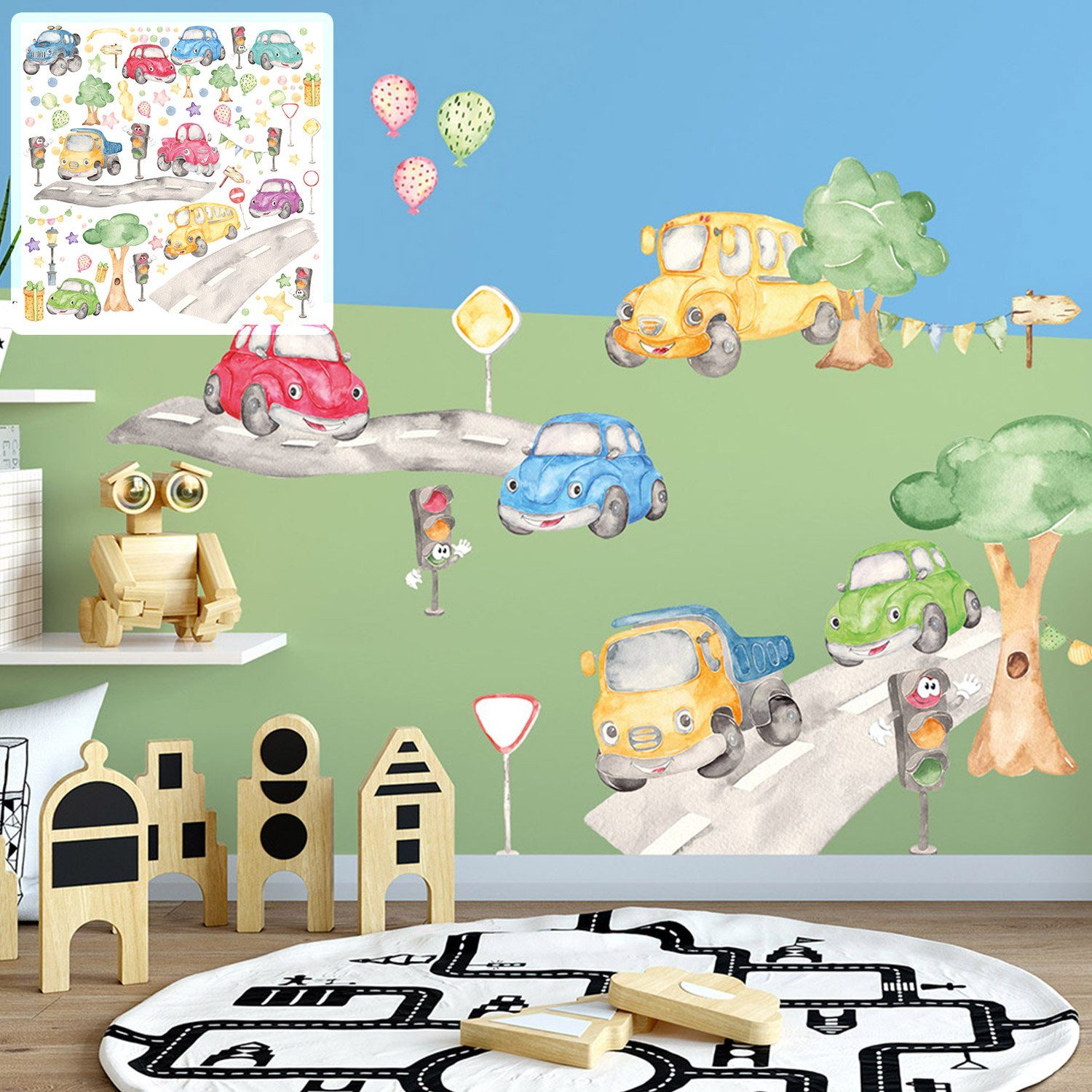 Sunnywall Wandtattoo XXL Auto Wandtattoo Set Kinderzimmer Aufkleber