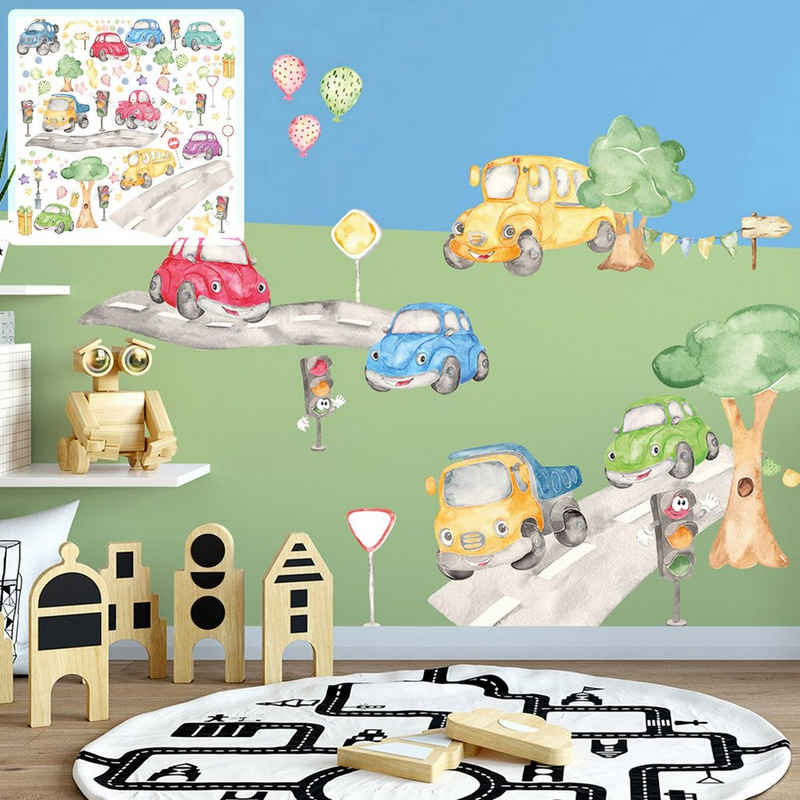 Sunnywall Wandtattoo XXL Auto Wandtattoo Set verschiedene Motive Kinderzimmer Aufkleber bunt Wanddeko Car Cars