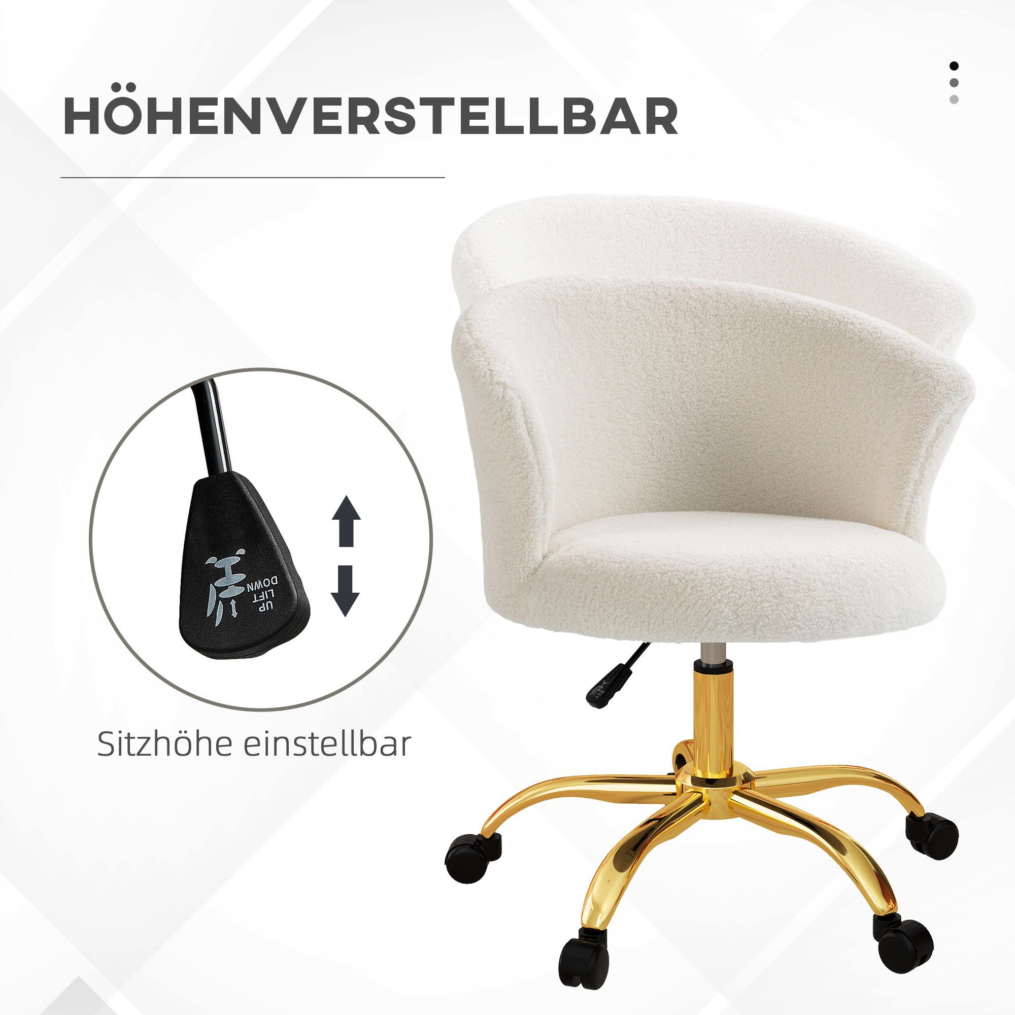 Vinsetto Bürostuhl Drehstuhl, Schminktischstuhl mit Teddy-Fleece-Optik, goldene Beine (höhenverstellbarer Schreibtischstuhl, 1 St), für Arbeitszimmer, Schlafzim – Bild 4 von 5