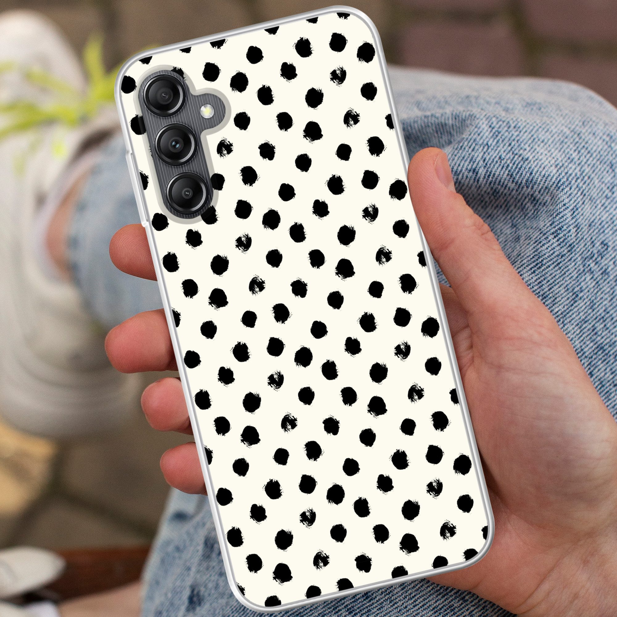 MuchoWow Handyhülle für Samsung Galaxy A14 5G Polka dots - Schwarz - Weiß - Druck - Minima, Smartphone-Bumper, Print, Handy Schutzhülle Dünn
