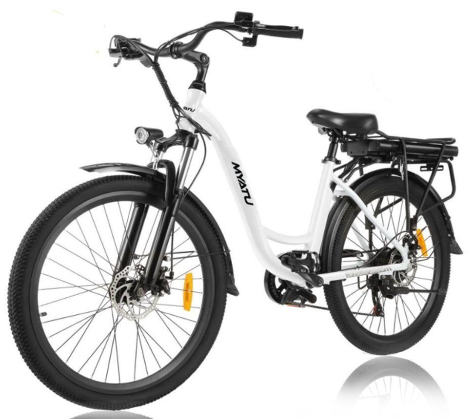 Myatu E-Bike 26 Zoll City-Pedelec, Elektrofahrrad für Damen und Herren ebike, 6 Gang, Kugelschaltung, Heckmotor, Hochleistungs-Akku mit langer Lebensdauer weiß