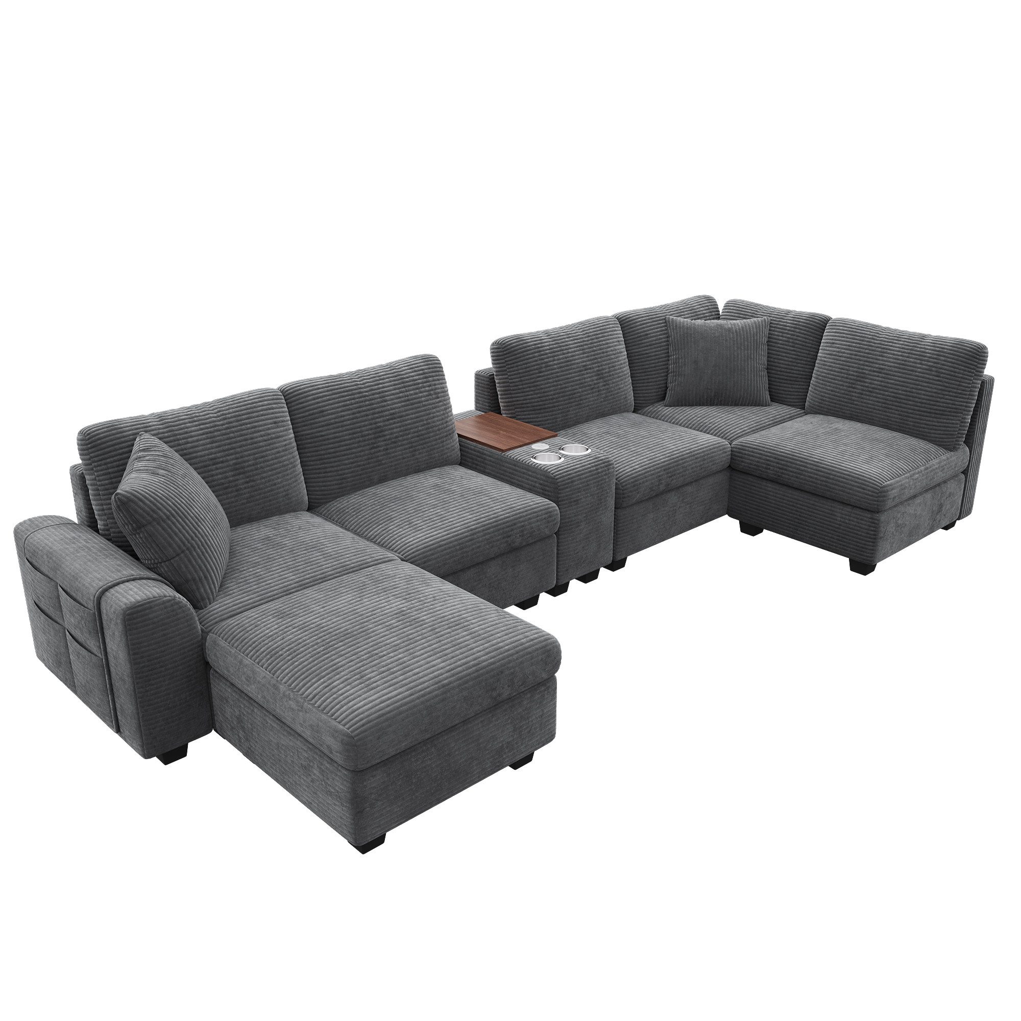Merax Ecksofa mit USB & Type-C, L-/U-Form Sofa aus Cordstoff, Modulares Ecksofa 311x139x85cm 1 Teile, 6-Sitzer-Sofa mit Ottomane, Mittelkonsole, Getränkehalter & Stauraum