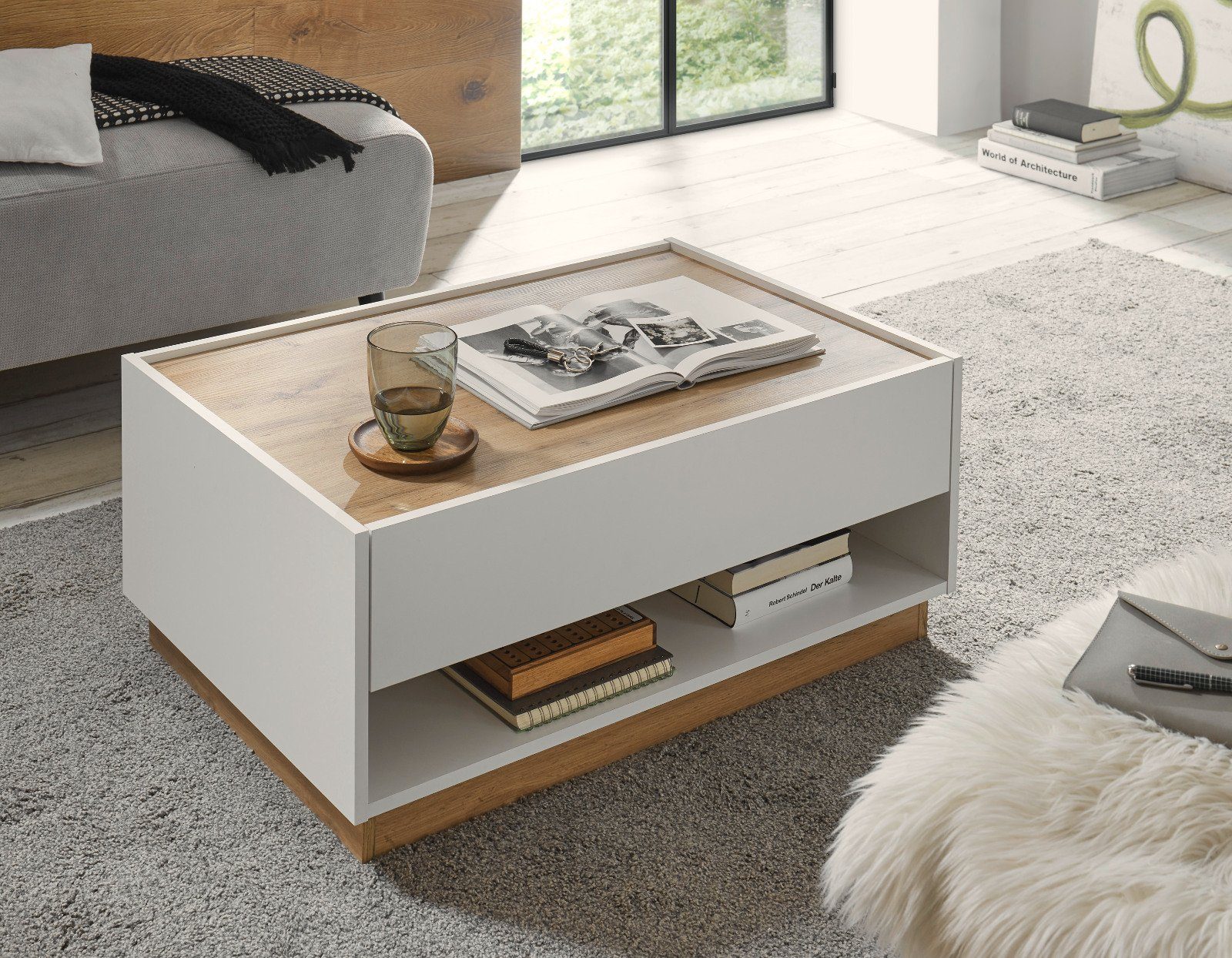 Furn.Design Couchtisch Center (Wohnzimmer Tisch in weiß mit Wotan Eiche, 90 x 60 cm), mit 2 Fächern und Schublade – Bild 4 von 5