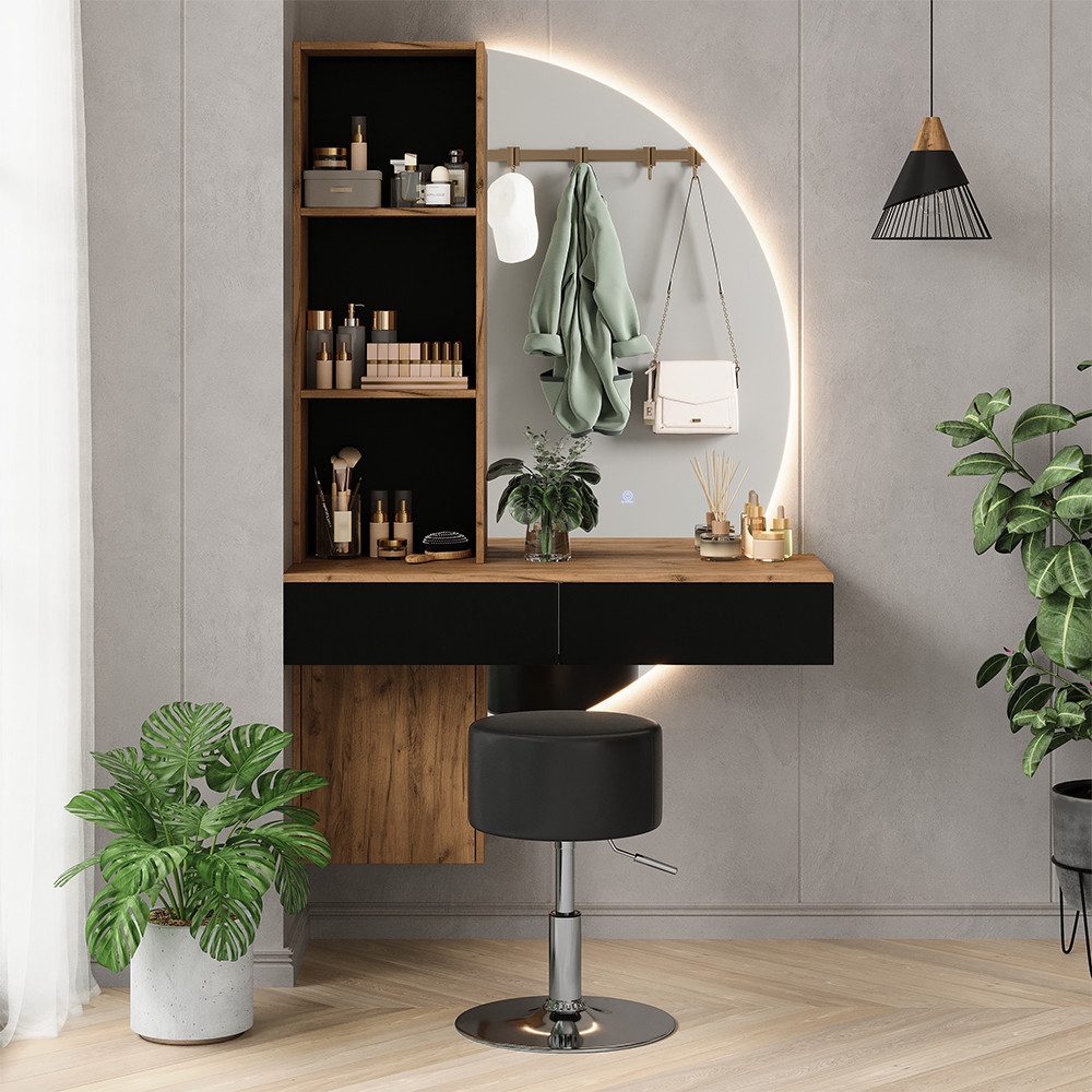 Vicco Schminktisch Melora, Eiche/Schwarz, 100 cm mit LED-Spiegel und Hocker (2-St)