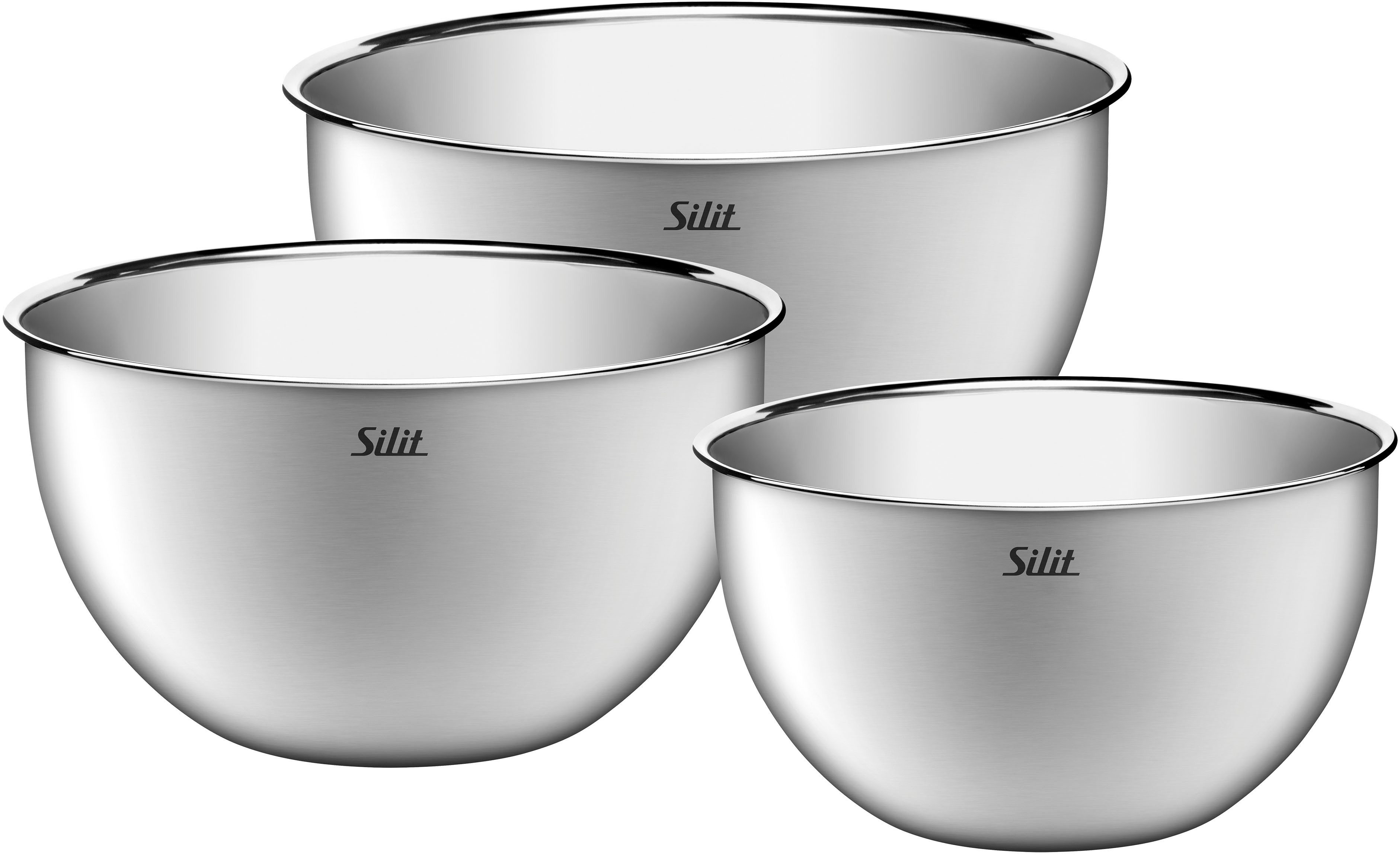 Silit Schüssel Silit, Edelstahl 18/10, (Set, 3-tlg), 360° Schüttrand, stapelbare Aufbewahrung, spülmaschinengeeignet