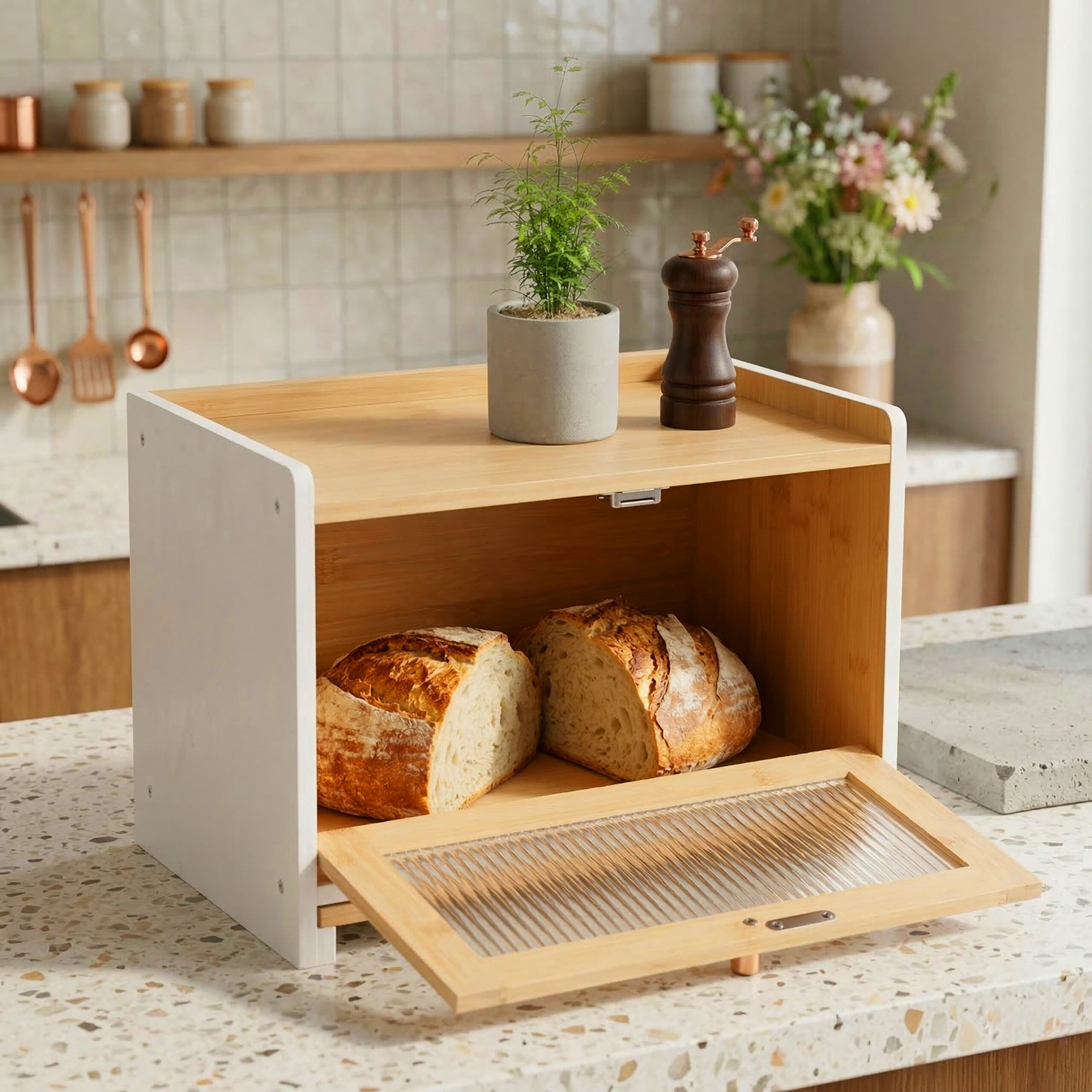 relaxdays Brotkasten mit Schneidebrett, Bambus, natur