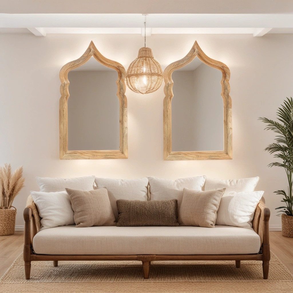 Marrakesch Orient & Mediterran Interior Wandspiegel Boho Wandspiegel Aastha handgefertigt aus Holz in Natur 90 cm im Trend (1-St), Wandspiegel