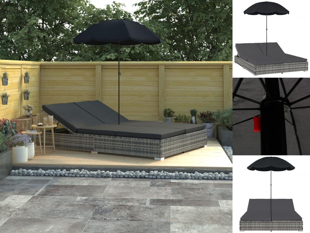vidaXL Wellnessliege Outdoor-Loungebett mit Sonnenschirm Polyrattan Grau Gartenliege Sonnen