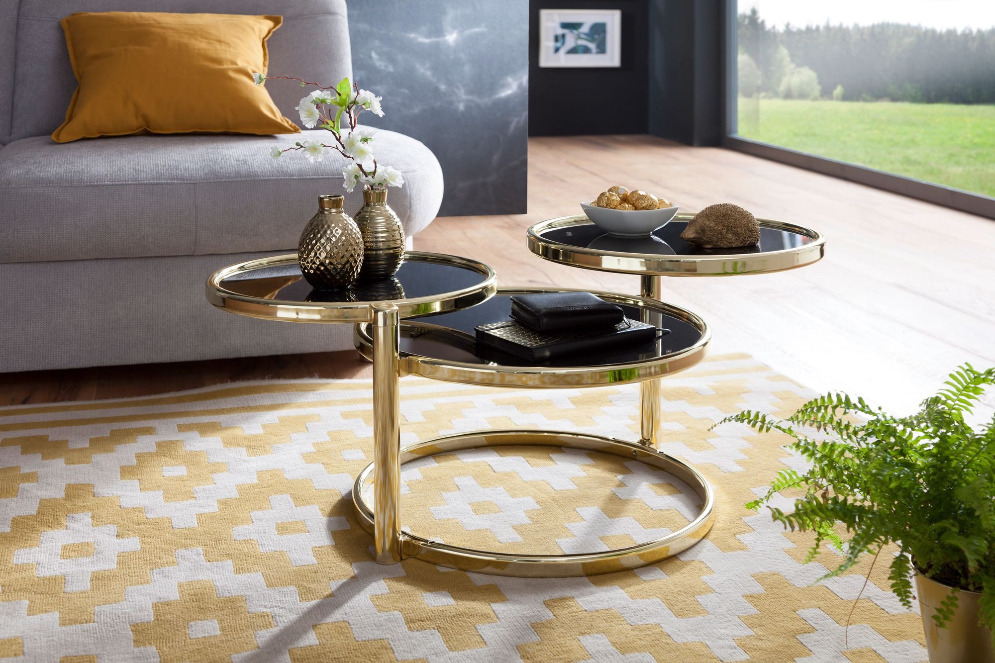 Wohnling Couchtisch WL5.767 Metall Glas Beistelltisch Wohnzimmertisch Gold Tisch Rund (mit 3 Tischplatten Schwarz Gold 58 x 43 x 58 cm), Wohnzimmertisch Rund, Kaffeetisch Ausziehbar