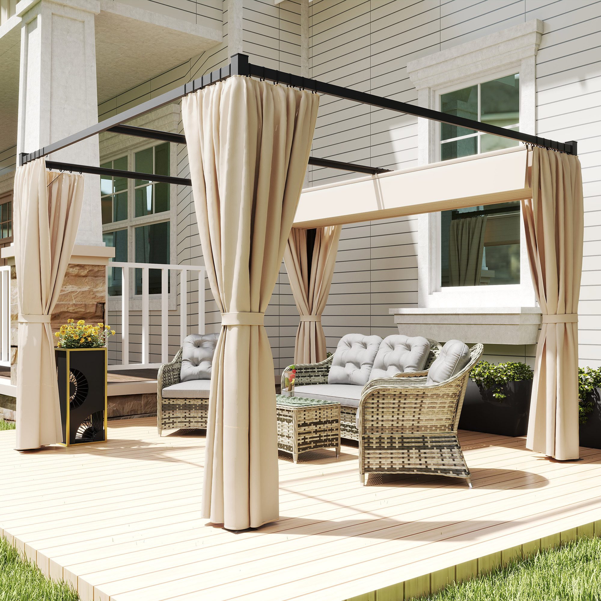 Outsunny Pergola mit Schiebedach, 4 Seitenwände, BxTxH: 300x300x227 cm, (Überdachung, 1-tlg., Terrassenüberdachung), für Terrasse Garten, Beige