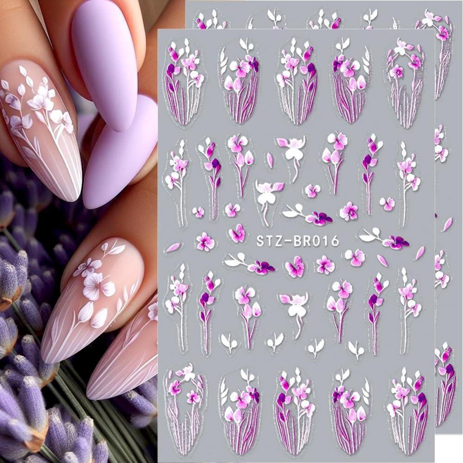 LuxusKollektion Nagel-Tattoo Blumen Nagelsticker Lila Glyzinie 4 Blatt