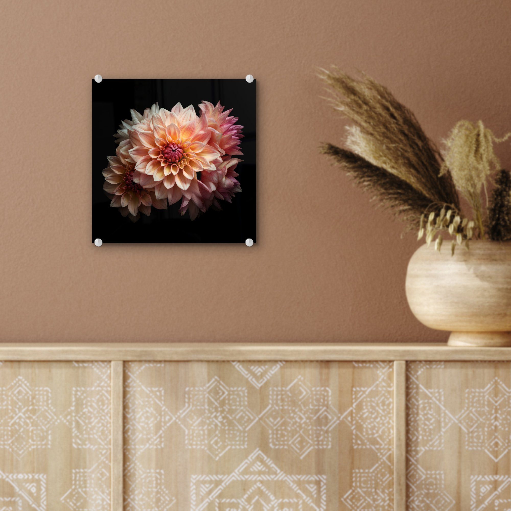 MuchoWow Acrylglasbild Dahlie - (1 - Glas St), Botanisch, Schwarz Wandbild Foto Blumen Glasbilder - Wanddekoration auf - - - - Rosa auf Glas Bilder