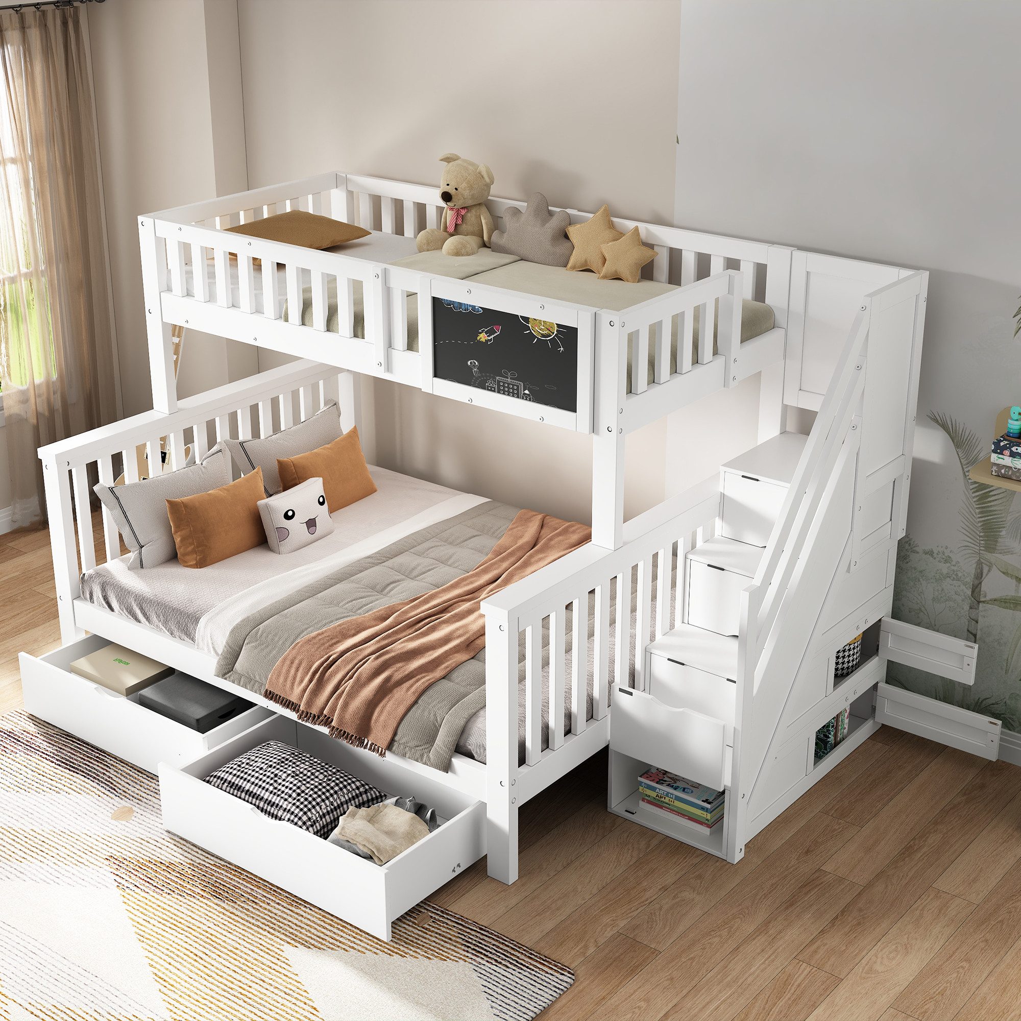 Flieks Etagenbett, Kinderbett mit Tafel Treppe günstig online kaufen