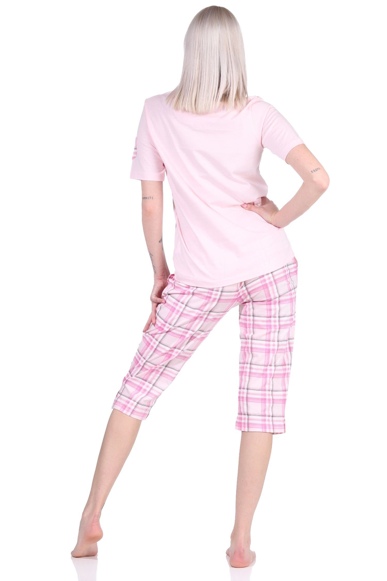 Pyjama Jersey kurzarm Capri-Hose karierter rosa Damen aus Normann mit Schlafanzug