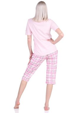 Normann Pyjama Damen kurzarm Schlafanzug mit karierter Capri-Hose aus Jersey