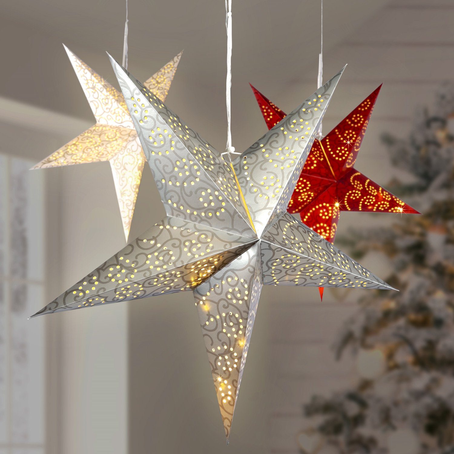 MARELIDA LED Stern LED Papierstern Weihnachtsstern Faltstern hängend 15 LED  D: 60cm Batterie weiß, LED Classic, warmweiß (2100K bis 3000K)