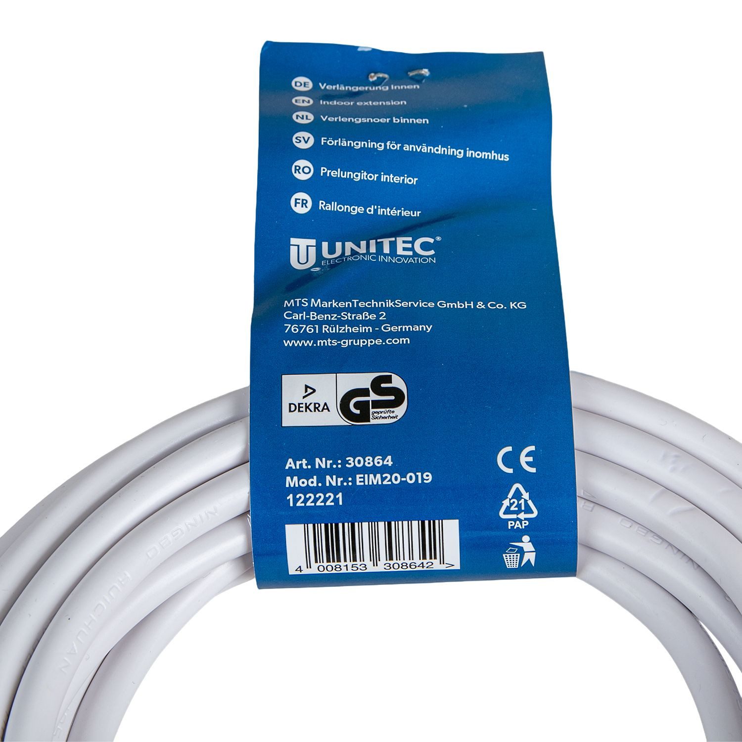 UNITEC Schuko Verlängerungskabel 5m Weiß IP20 Innen Steckdosenverteiler 1-fach (5m Kabel, IP20, Schutzkontaktkupplung, Schutzkontaktstecker, Kabellänge 5 m), St – Bild 5 von 5