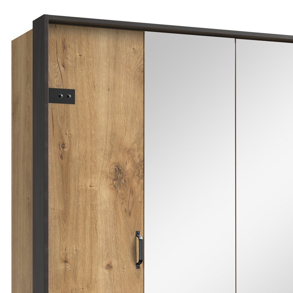 Plankeneiche Schubladen, mit Holzwerkstoff, aus viel Stauraum, Drehtürenschrank (Kleiderschrank, Modern 3-türig, Mehrzweckschrank) Stylefy Metall Spiegel, Sydney Design, mit