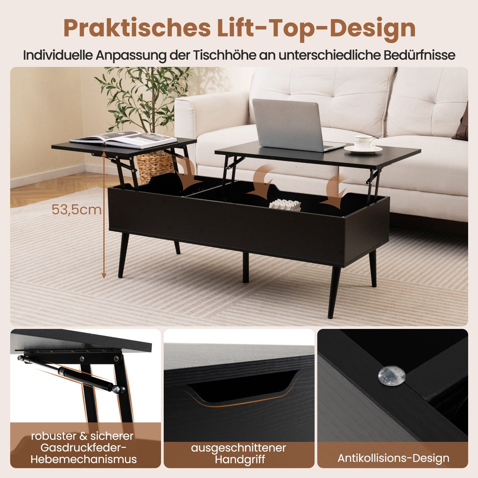 COSTWAY Couchtisch (1-St), höhenverstellbar, Wohnzimmertisch mit Stauraum, Holz