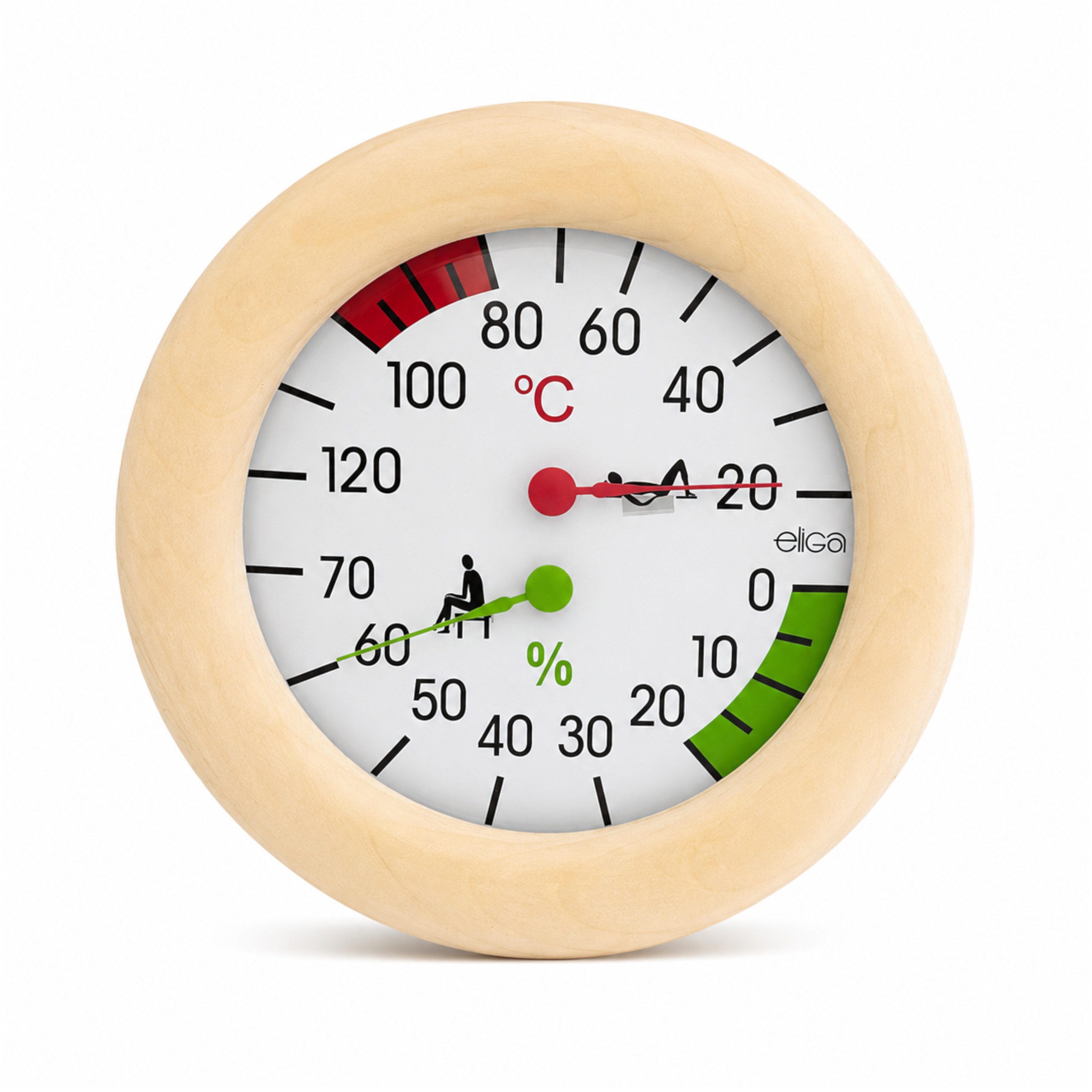 HAF Klimamesser Sauna Klimamesser 155mm Holzrahmen Analoges Thermometer und Hygrometer, (Kontrolle von Temperatur & Luftfeuchtigkeit, 1-St., 128mm Bimetall-Messwerk), Kombiniertes Thermometer & Hygrometer