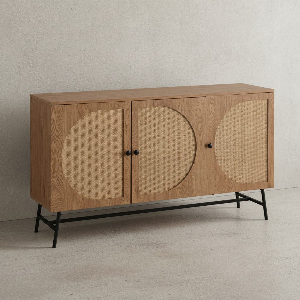 KADIMA DESIGN Kommode Sideboard 140x80x39 cm Kommode Eiche-Dekor mit Rattan Geflecht (Wohnzimmer), Modern, Hoher Kommodenschrank, Standschrank mit 3 Türen, Anrichte