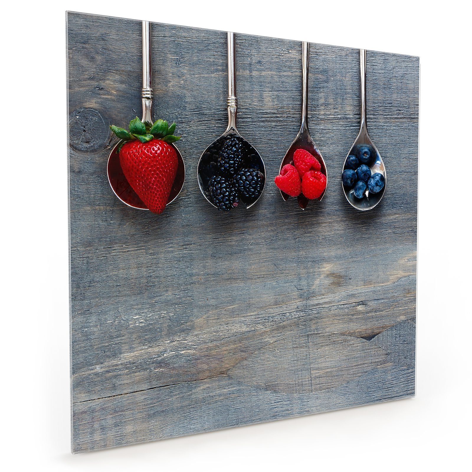 Primedeco Küchenrückwand Küchenrückwand Metall auf Beeren mit Löffel Motiv Glas Spritzschutz