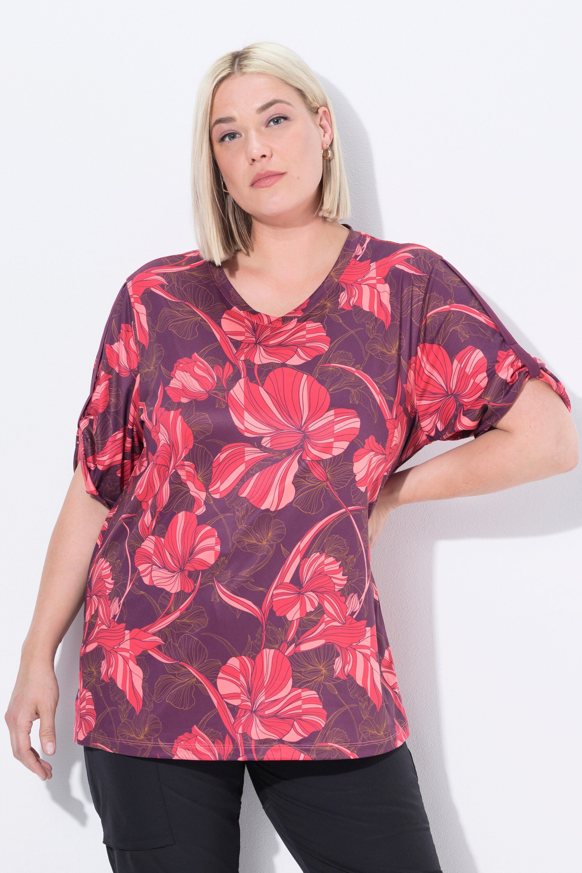Ulla Popken T-Shirt Funktionsshirt Blüten V-Ausschnitt Halbarm günstig online kaufen