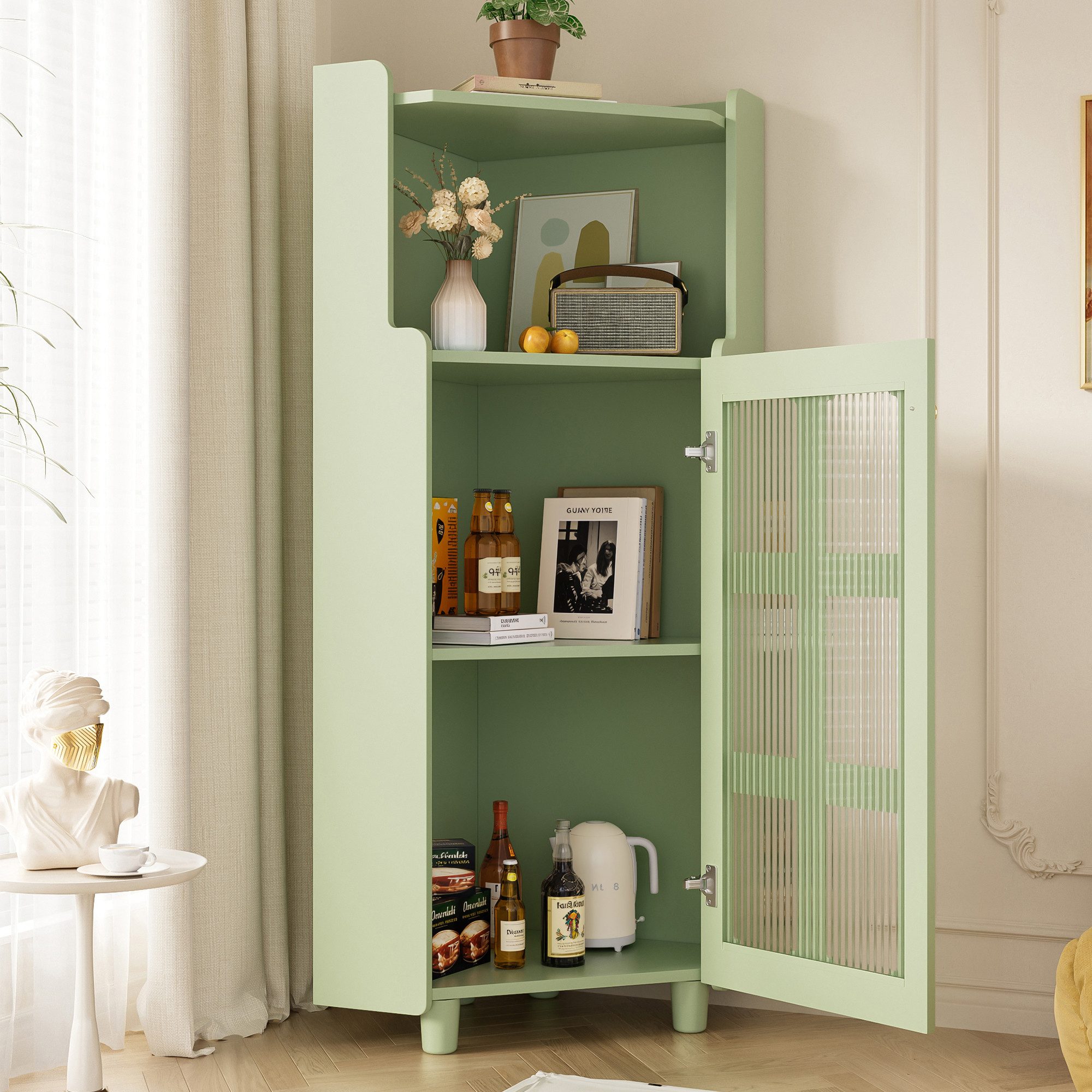 Flieks Eckschrank mit LED-Beleuchtung und Glastüren (1-St., B63,5x45x45xH124 cm) Mehrzweckschrank Hochschrank Badkommode Eckregal Grün – Bild 3 von 5