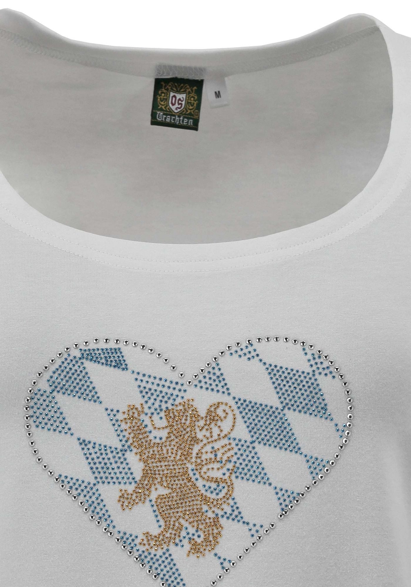 OS Trachten T-Shirt Kreke Tailliert, Rundhalsausschnitt, Strass-Herz im Bayern-Flaggen-Stil