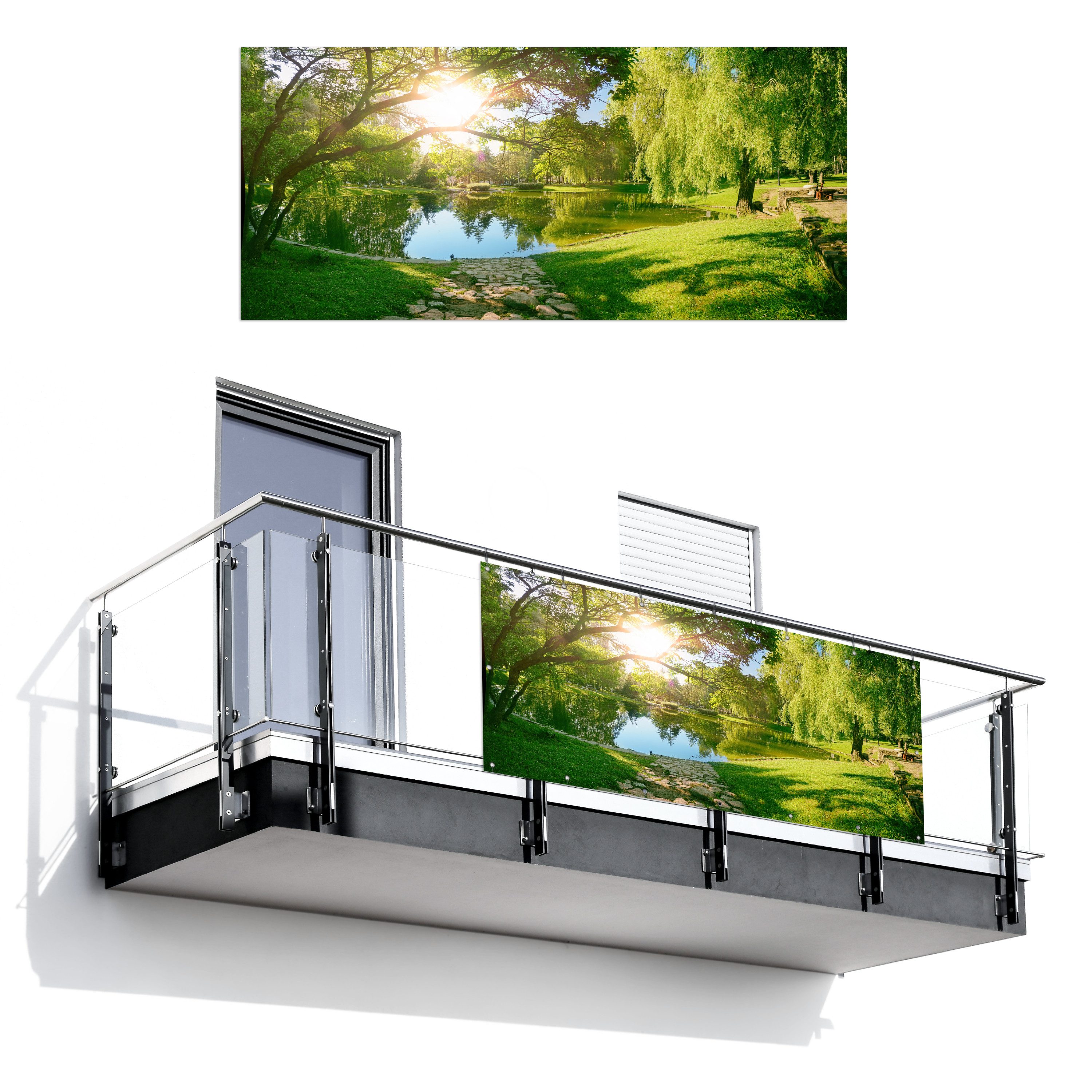 MuchoWow Balkonsichtschutz Bäume - See - Sonne - Gras - Natur (1-St) Balkon Sichtschutz 90x200, Windschutz für Zaun PVC, 200x90 cm