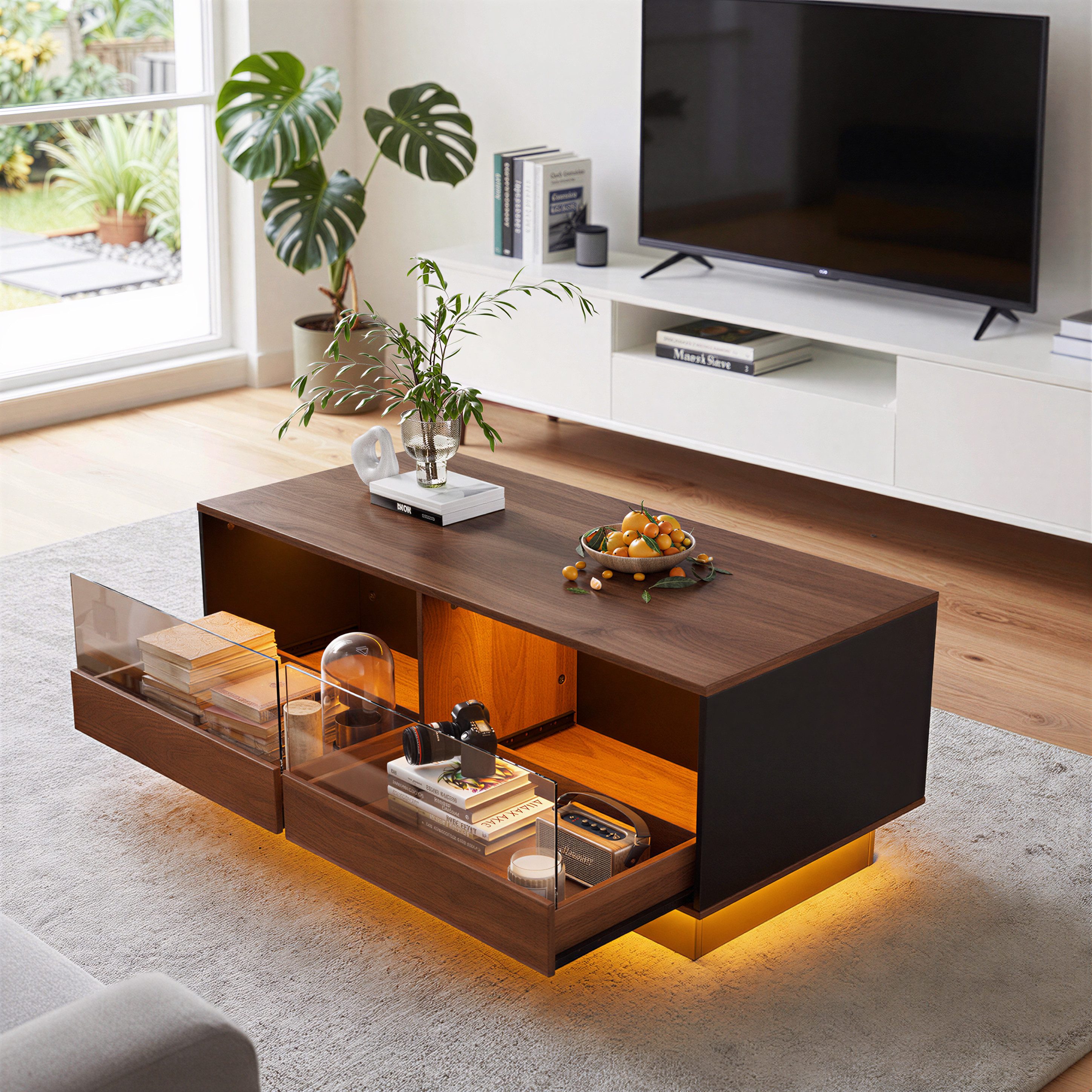 TWSOUL Couchtisch mit LED-Beleuchtung & 2 Schubladen – Wohnzimmertisch mit Glasvitrine, Holz & gehärtetes Glas, 100 × 50 × 42,7 cm