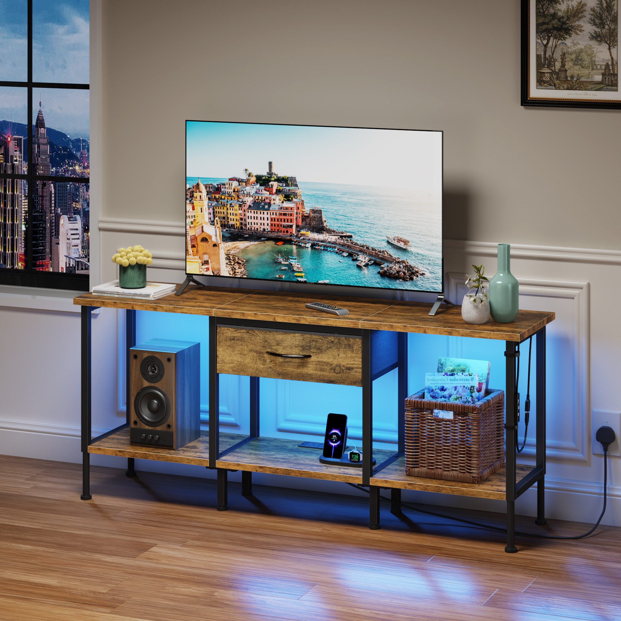 OYRREU TV-Board 120cm, Fernsehschrank mit Kabeldurchlass & Stauraum für Media-Geräte (App-gesteuerte Mehrfarben-LED-Beleuchtung, Fernsehtisch inkl. Kippschutz, USB Steckdosen, Ablagefach, Ausstellungsständer -Sets), Medienkonsole bis zu 65 Zoll, Lowboard mit offenen Fächern