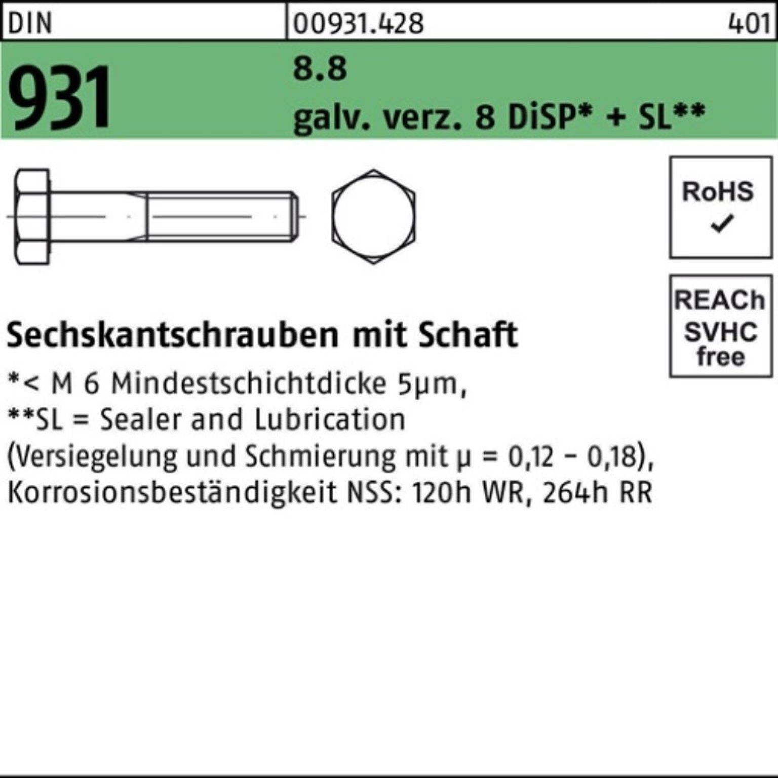 Schaft 70 8 DiSP Sechskantschraube Reyher DIN Pack Zn 200er Sechskantschraube M6x 8.8 gal + 931