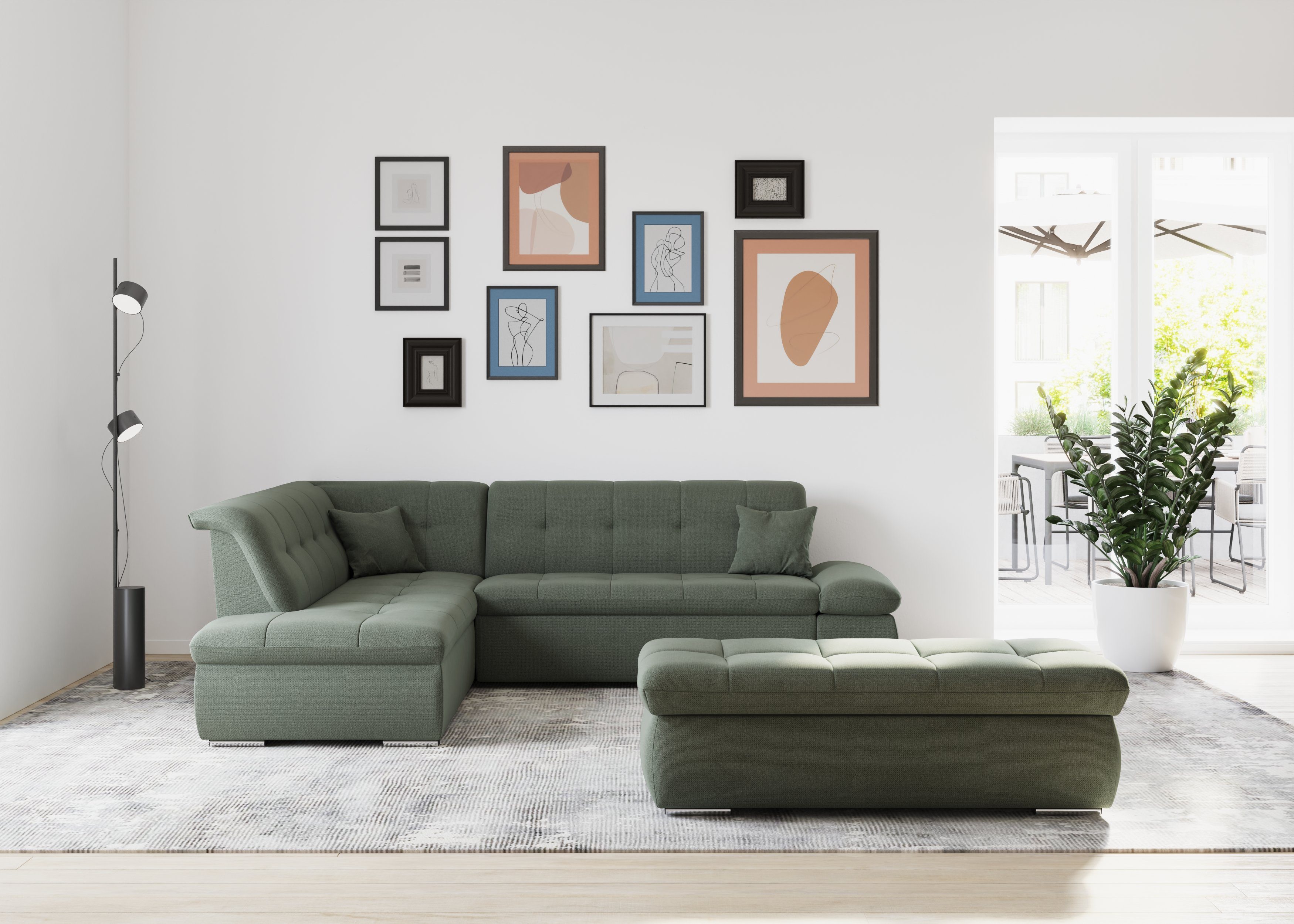 collection mit DOMO und Moric, Armlehnenverstellung wahlweise dunkelgrün Bettfunktion Ecksofa