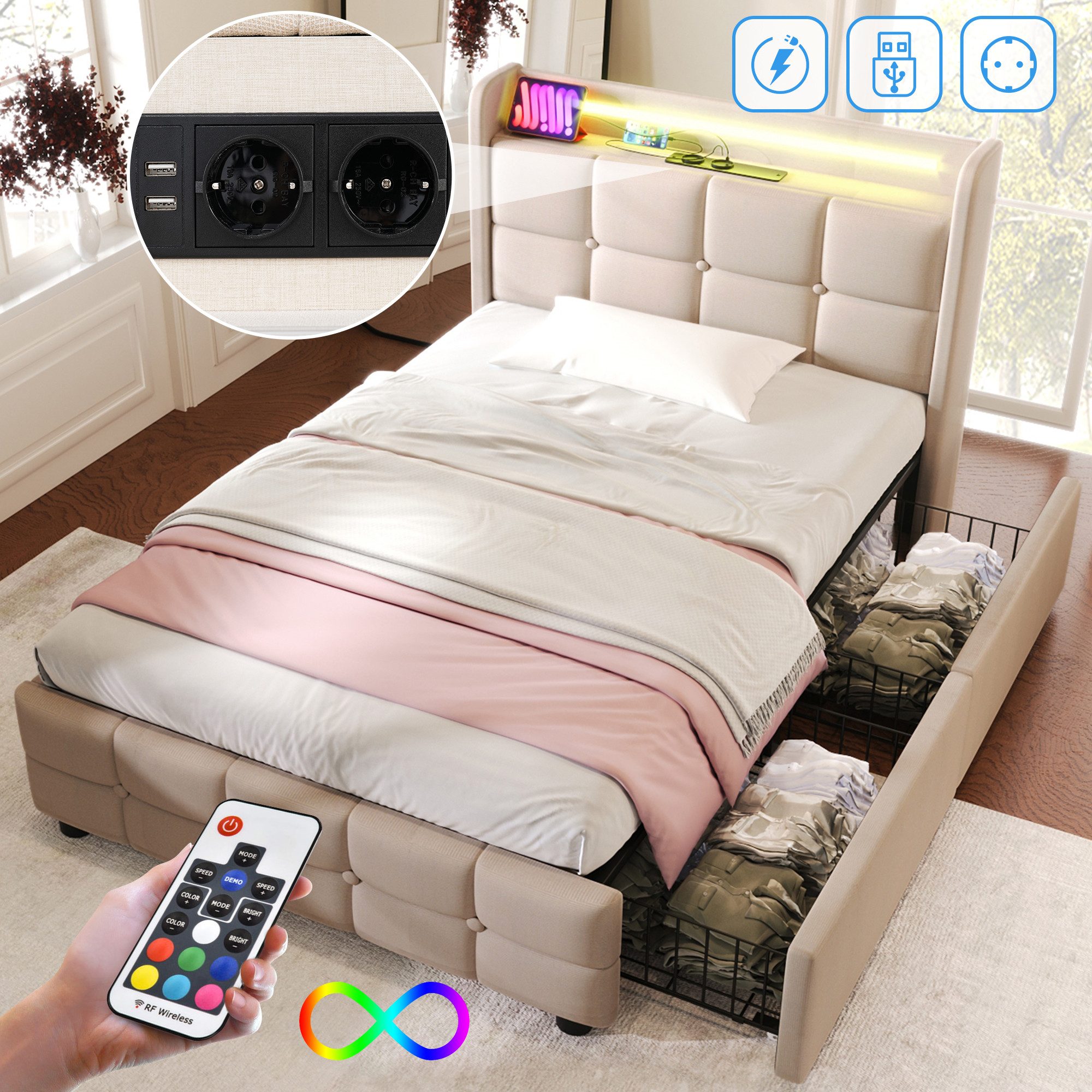 STILVORA Polsterbett 90x200 Stauraumbett Bettgestell Jugendbett günstig online kaufen