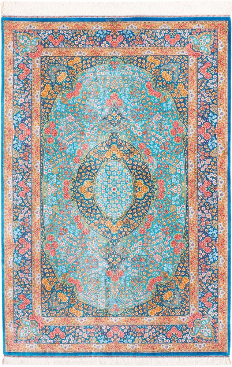 Seidenteppich Ghom Seide Signiert Firuzeh 134x200 Handgeknüpfter Orientteppich, Nain Trading, rechteckig, Höhe: 3 mm