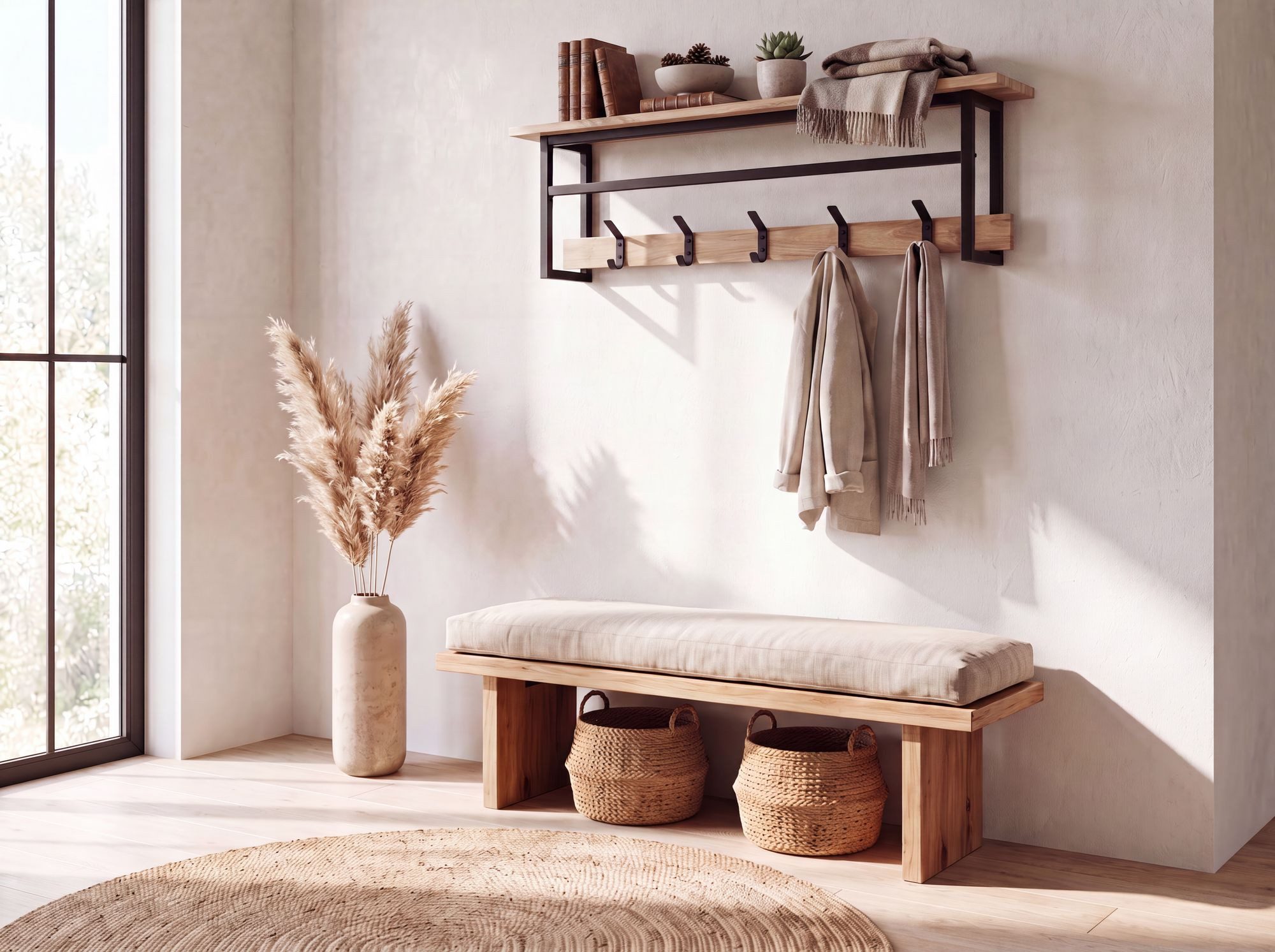 Wohnling Wandgarderobe WL7.849 Hängegarderobe 100cm Garderobe Flurgarderobe Massivholz Metall (Garderobenpaneel mit fünf Haken für deinen Flur), Garderobenleiste mit Ablage und Kleiderstange