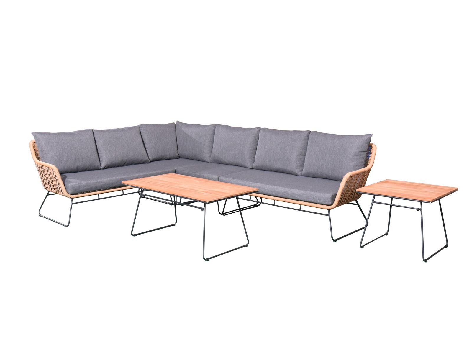 Green Spirit Loungeset Monaco Gartenlounge Ecklounge 6 Personen Polyrattan Grau Teakholz, (Set, 6-tlg., Teakholz-Tischplatte), Polyrattan, grau, 5 Personen, wetterfest, Garten, Terrasse, Outdoor