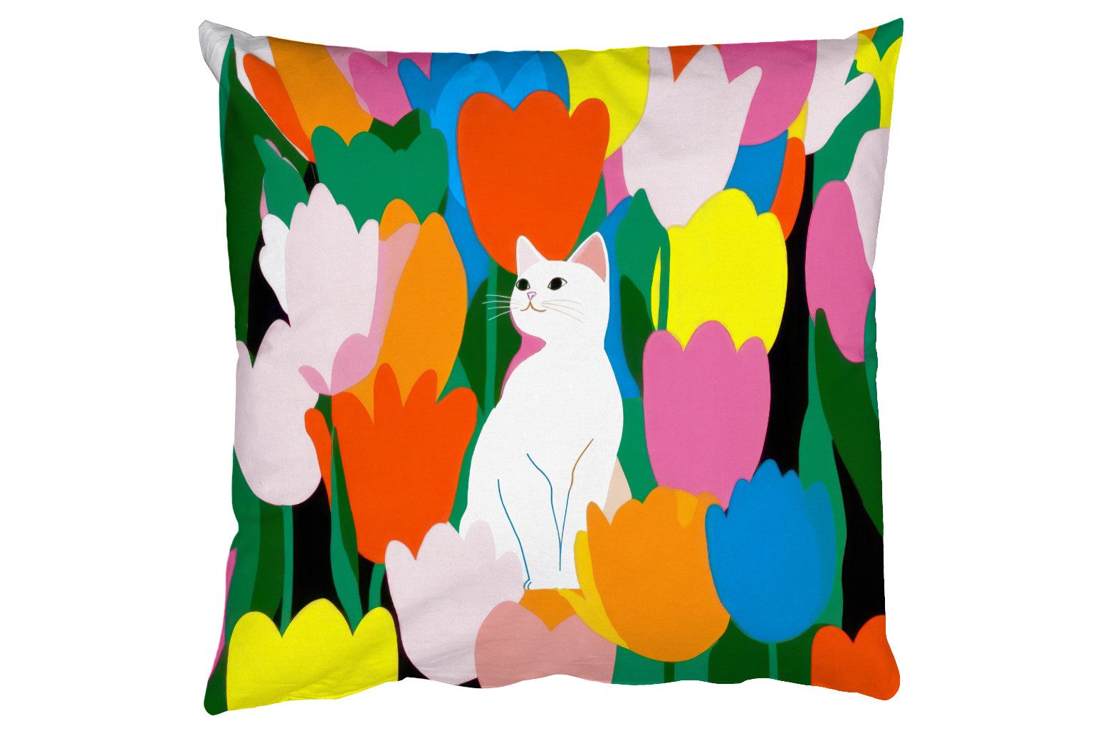 MuchoWow Dekokissen Tulpen - Katze - Farbenfroh, Zierkissen mit Füllung für Wohnzimmer, Sofakissen, 40x40 cm