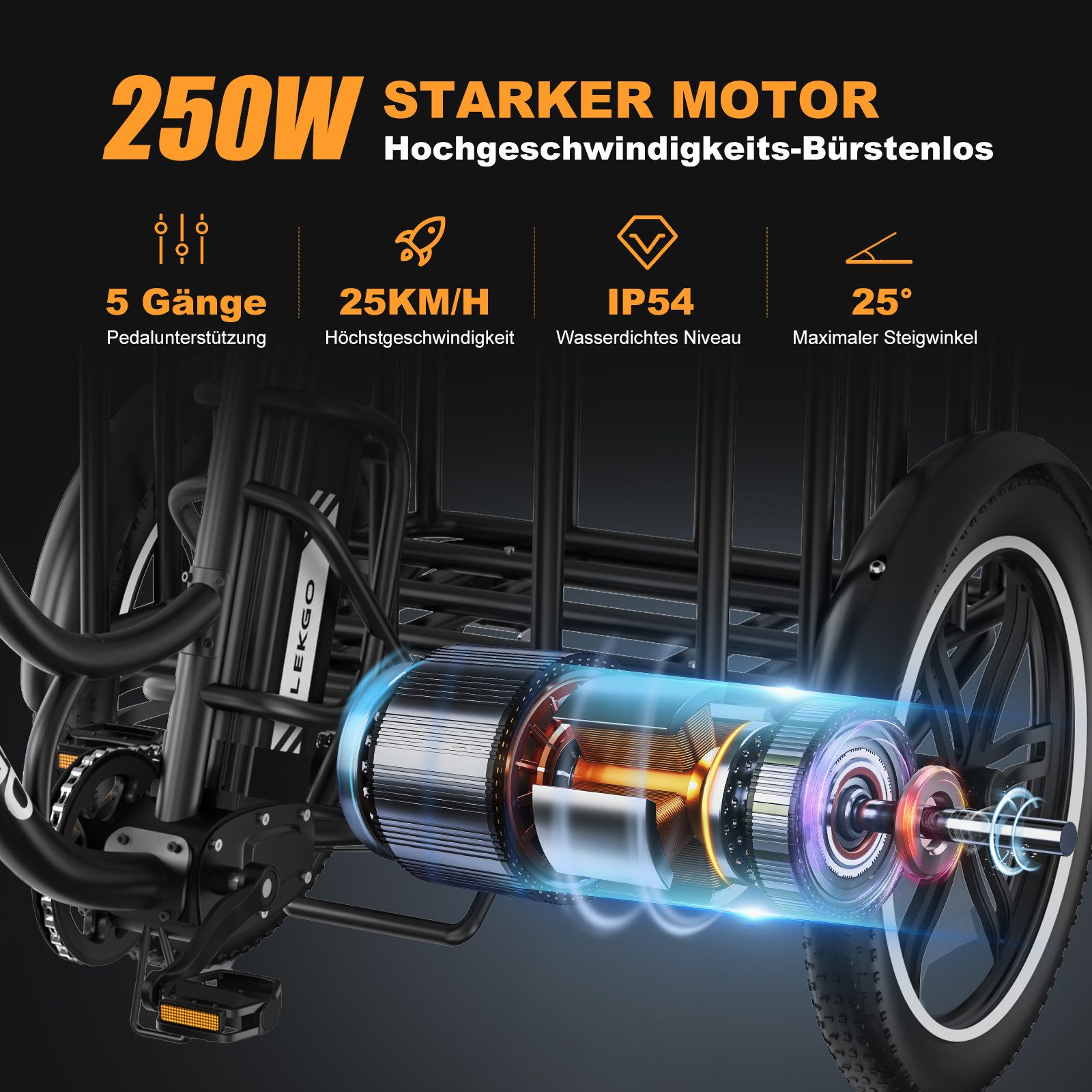 ELEKGO E-Bike Elektrisches Dreirad 20*3,0 zoll E-Dreirad Cargo mit 48V18Ah Akku Lastenfahrrad, 1 Gang, Kettenschaltung, Heckmotor, 864 Wh, Mit Körben vorne und  – Bild 2 von 5
