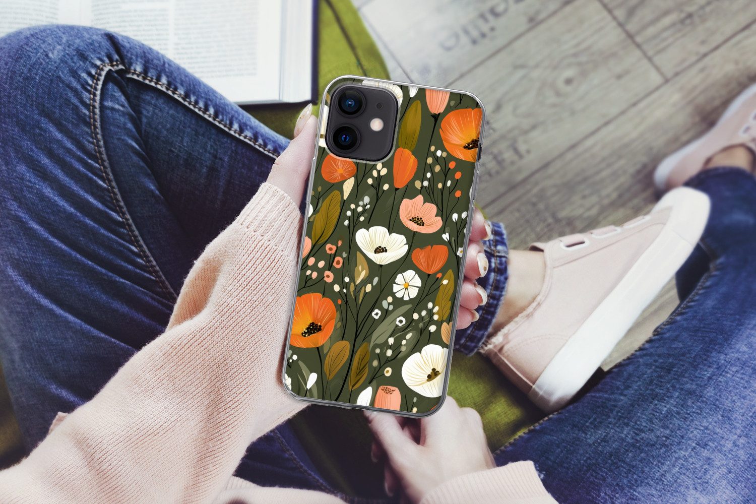 MuchoWow Handyhülle für Apple iPhone 12 Mini Blumen - Illustration - Grün, Smartphone-Bumper, Print, Handy Schutzhülle Dünn