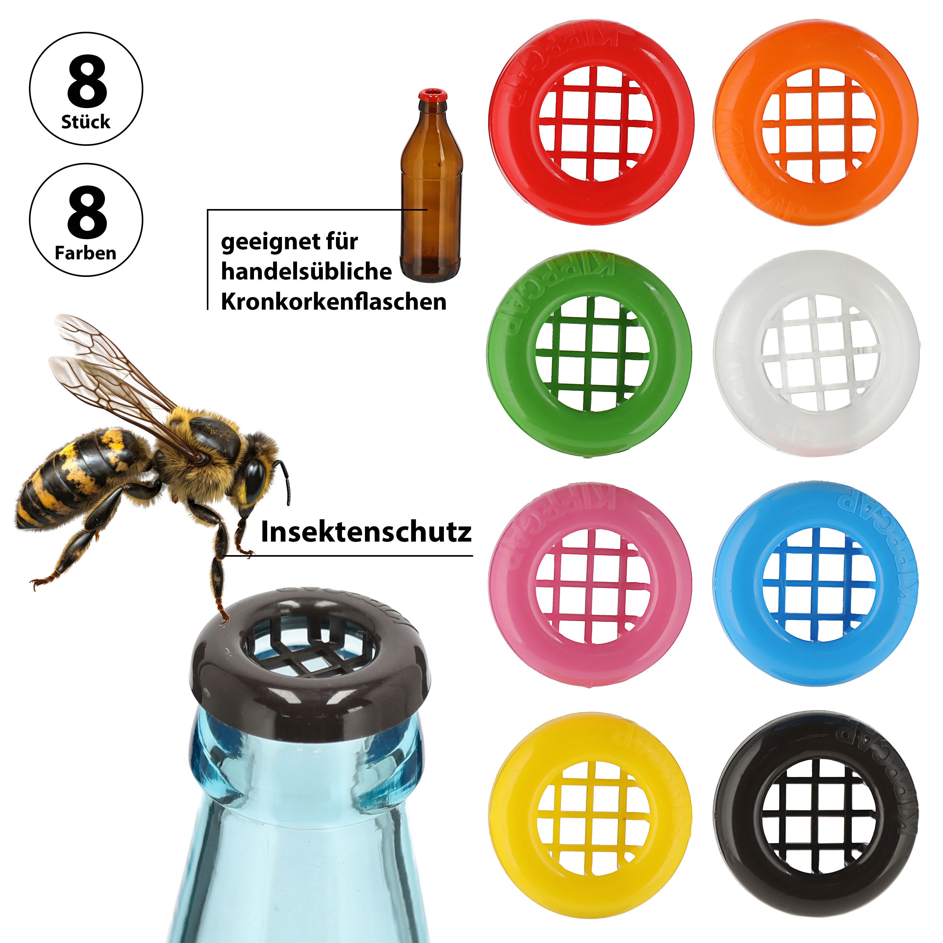 CEPEWA Flaschenverschluss Flaschenverschluss 8er Set Ø2,8xH0,6cm PE 8 Farben Insektenschutz