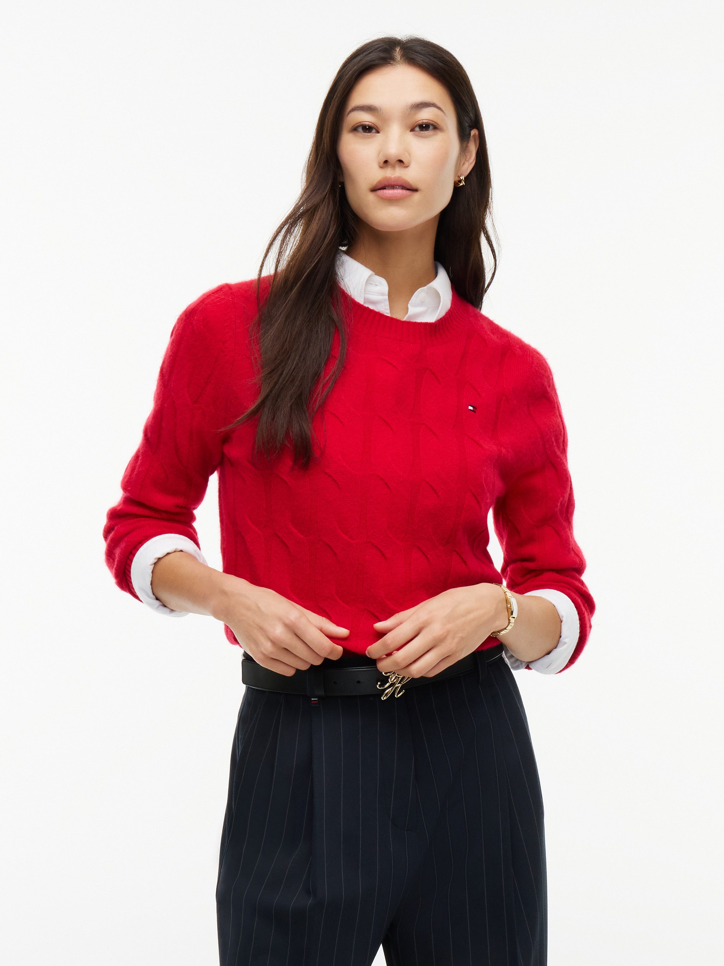 Tommy Hilfiger Strickpullover SOFT WOOL CABLE C-NK mit Zopfmuster, aus reiner Wolle