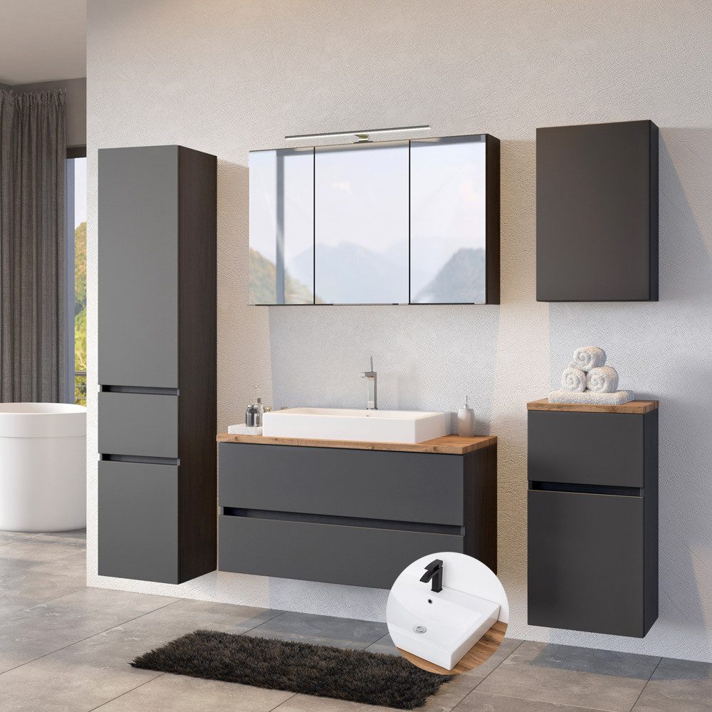 Lomadox Badmöbel-Set PESARO-03, (Spar-Set, 5-St), grau mit Absetzungen in Wotaneiche Nb. 220/200/48