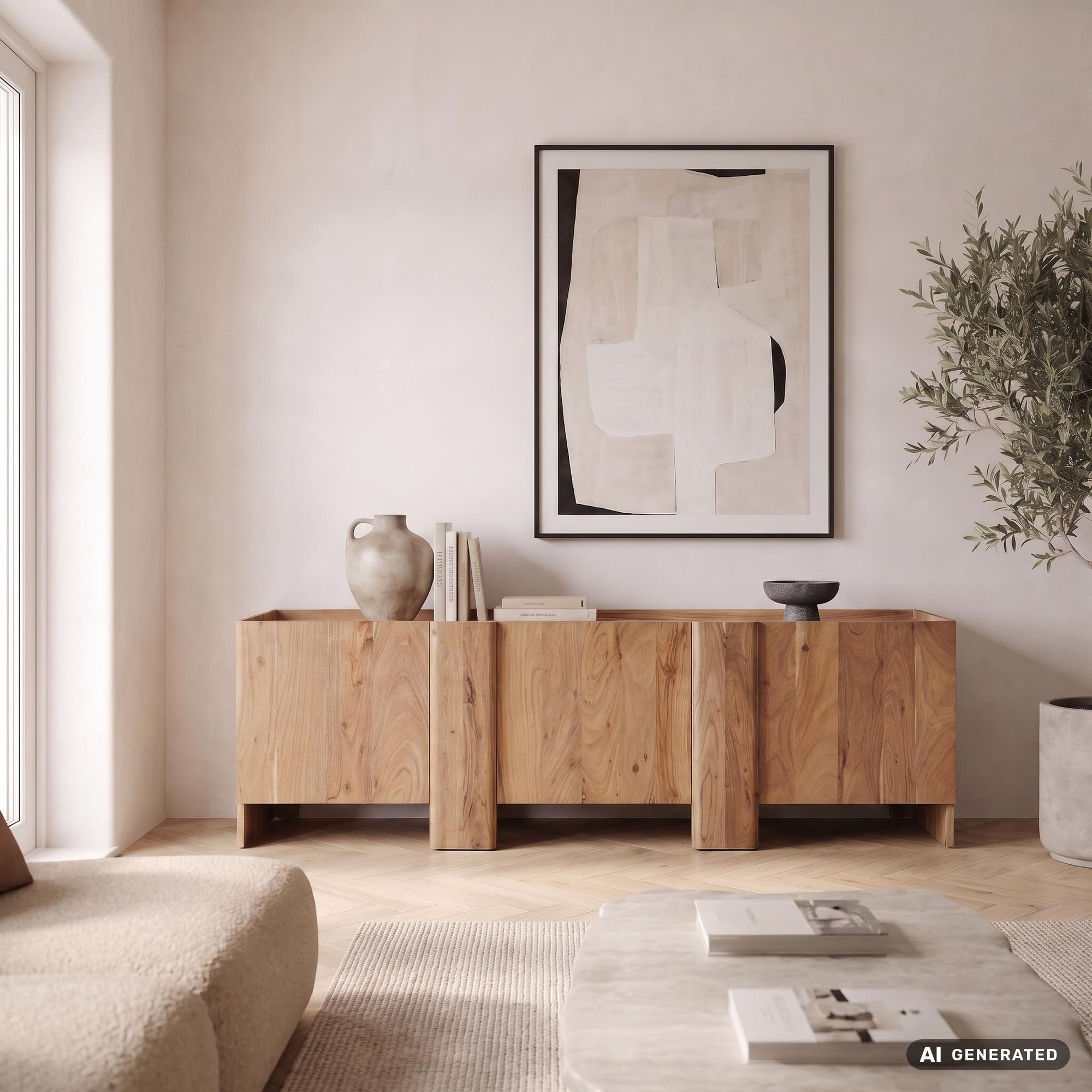 FINEBUY Sideboard FB119689 Anrichte 165cm Wohnzimmer Schrank Esszimmer Groß Modern (Massive Kommode aus Akazienholz mit 3 Türen), Braune Holzkommode mit 3 Fächern Handmade