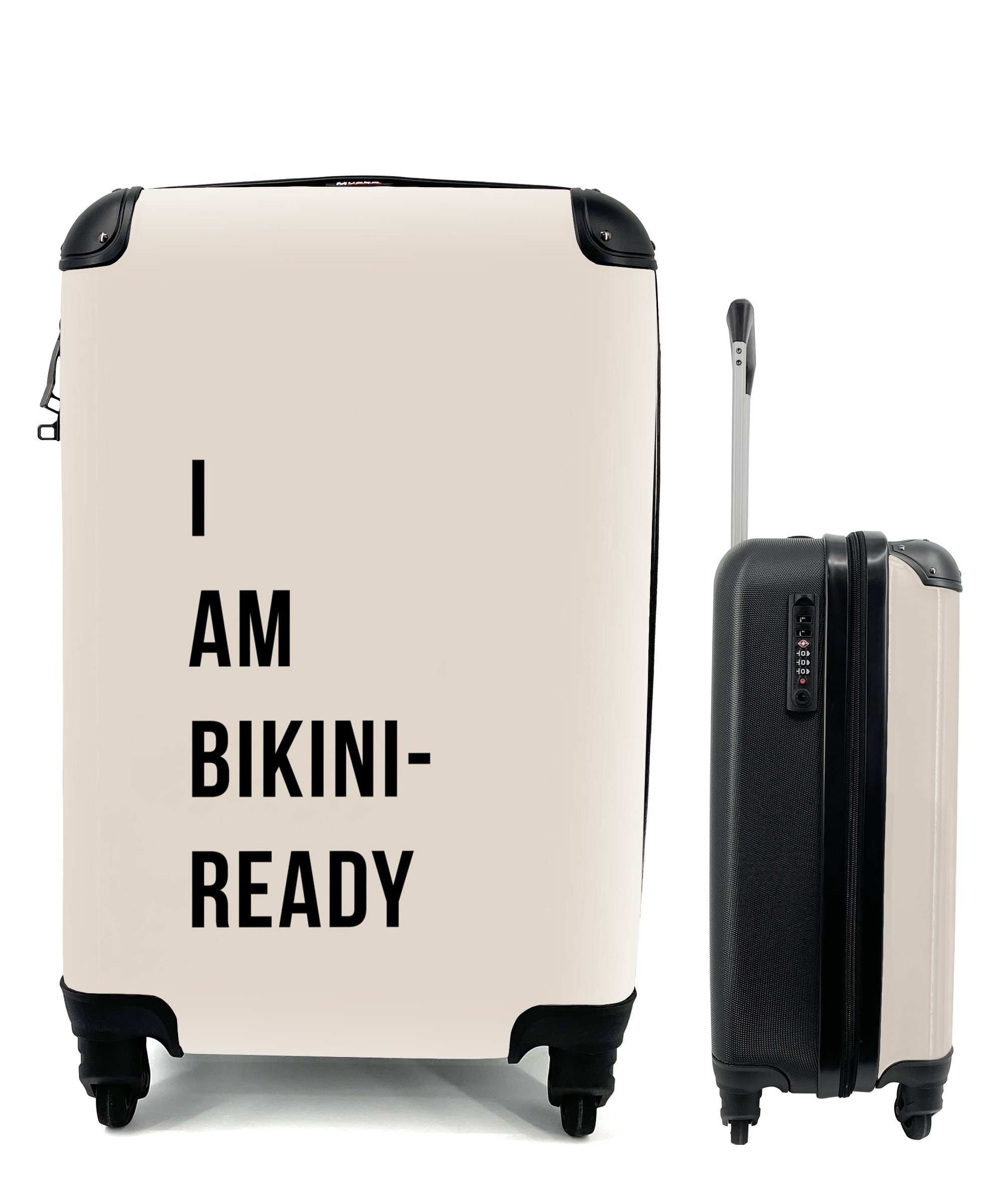 MuchoWow Handgepäckkoffer Beige - Zitat - Ich bin bereit für den Bikini, 4 Rollen, Reisetasche mit rollen, Handgepäck für Ferien, Trolley, Reisekoffer
