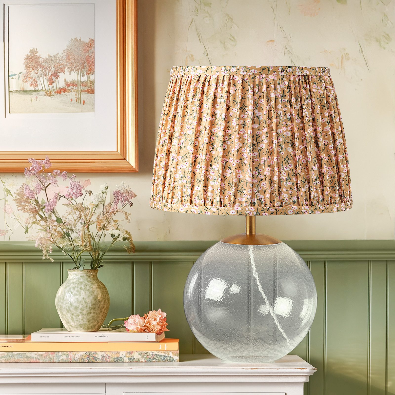 STANBOW Nachttischlampe Gelbe Retro-Blumen-Tischlampe aus gehämmertem Glas, ohne Leuchtmittel, E27