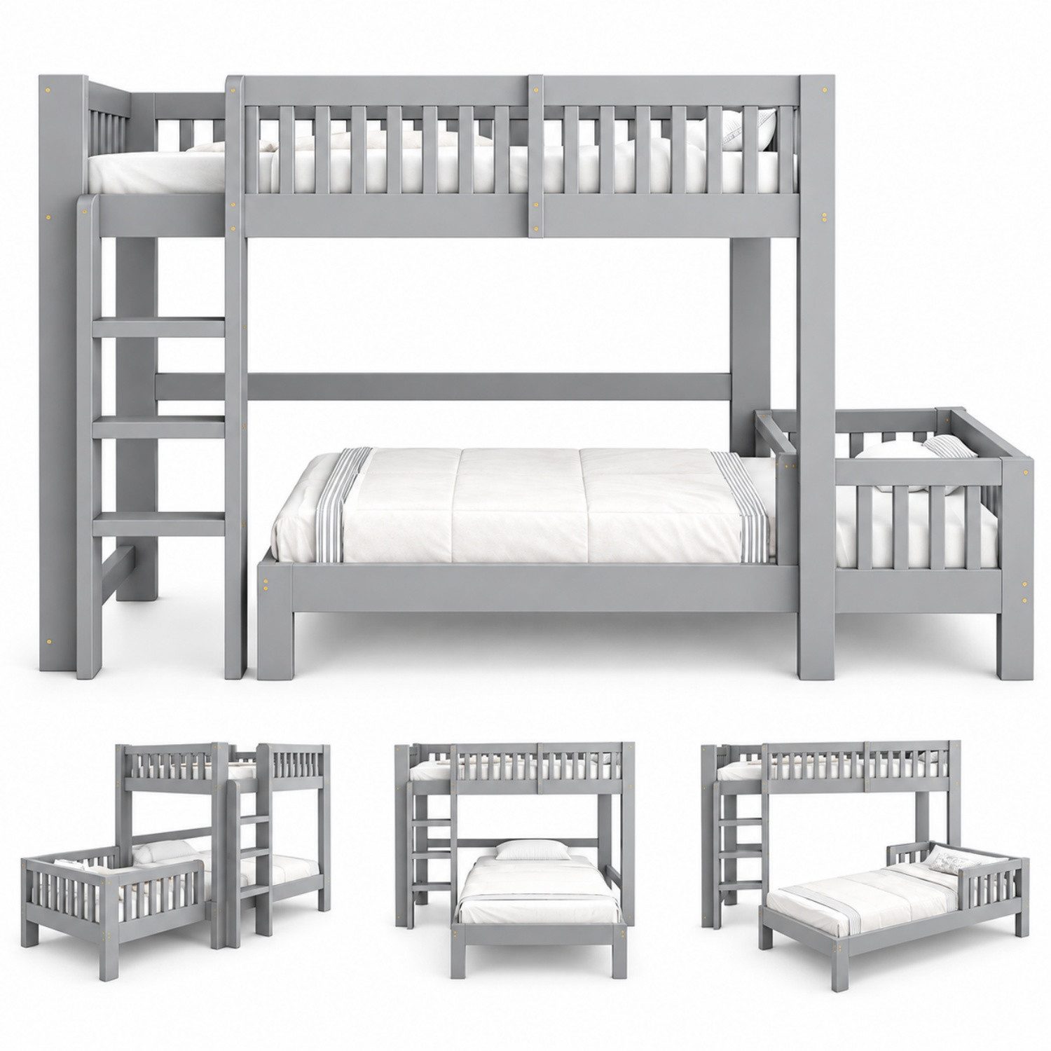ANYSUN Hochbett Massivholz-Kinderbett 90x200 cm, frei kombinierbar, 5 Varianten Mit Rausfallschutz, trennbar in 2 Einzelbetten, Lattenroste inkl.