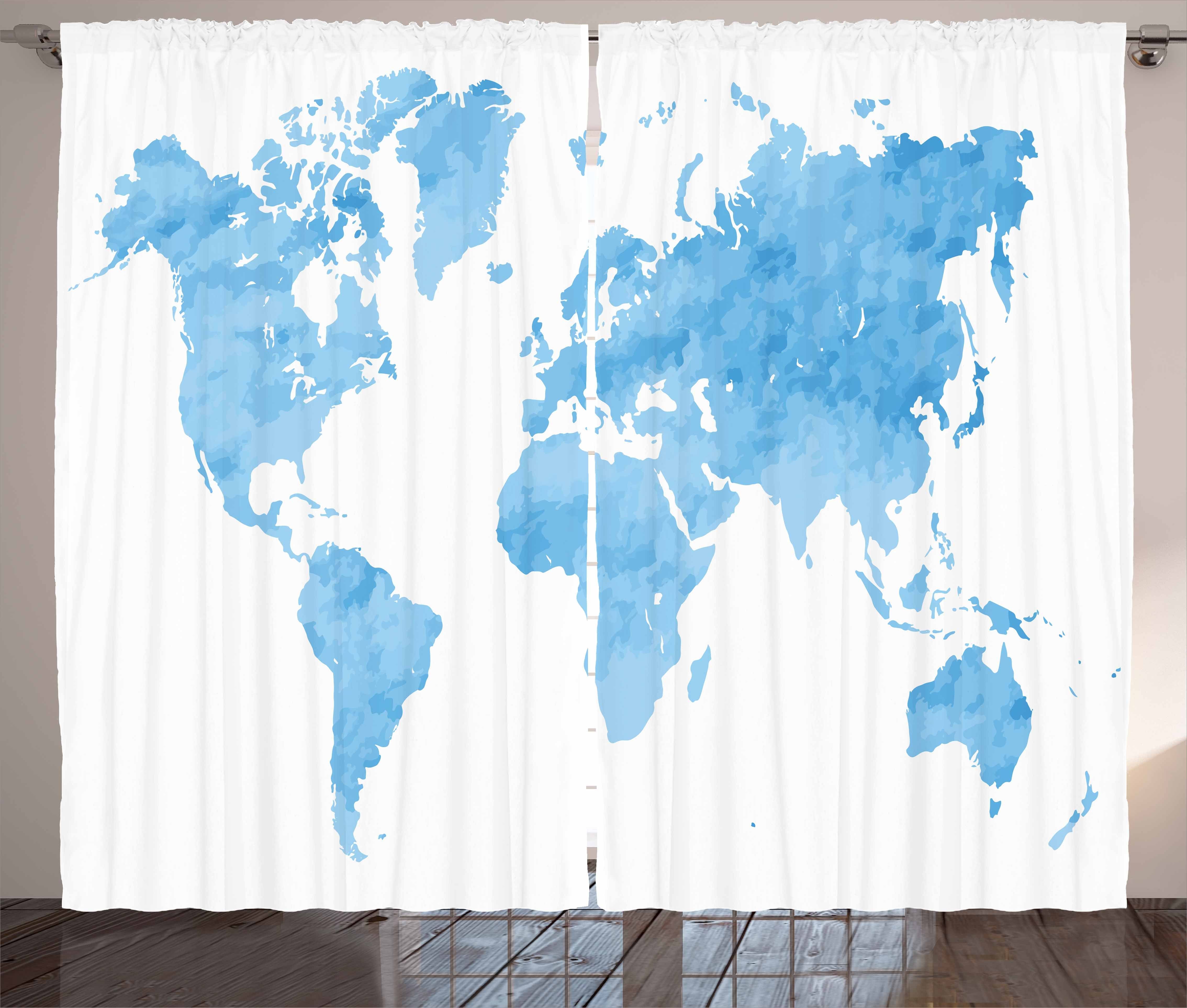 Gardine Schlafzimmer Kräuselband Vorhang mit Schlaufen und Haken, Abakuhaus, Karte Blau Aquarell Weltkarte