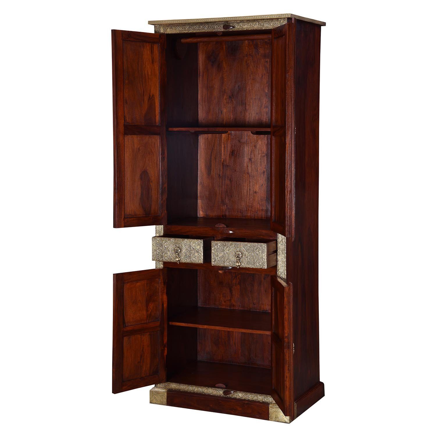 Casa Moro Kleiderschrank Orientalischer Kleiderschrank Arian 80x52x205 cm (1-St., marokkanischer-Stil mit 2 Schubladen & 4 Türen, MA26-310) aus Massivholz mit Messing verziert, schmaler Drehtürenschrank